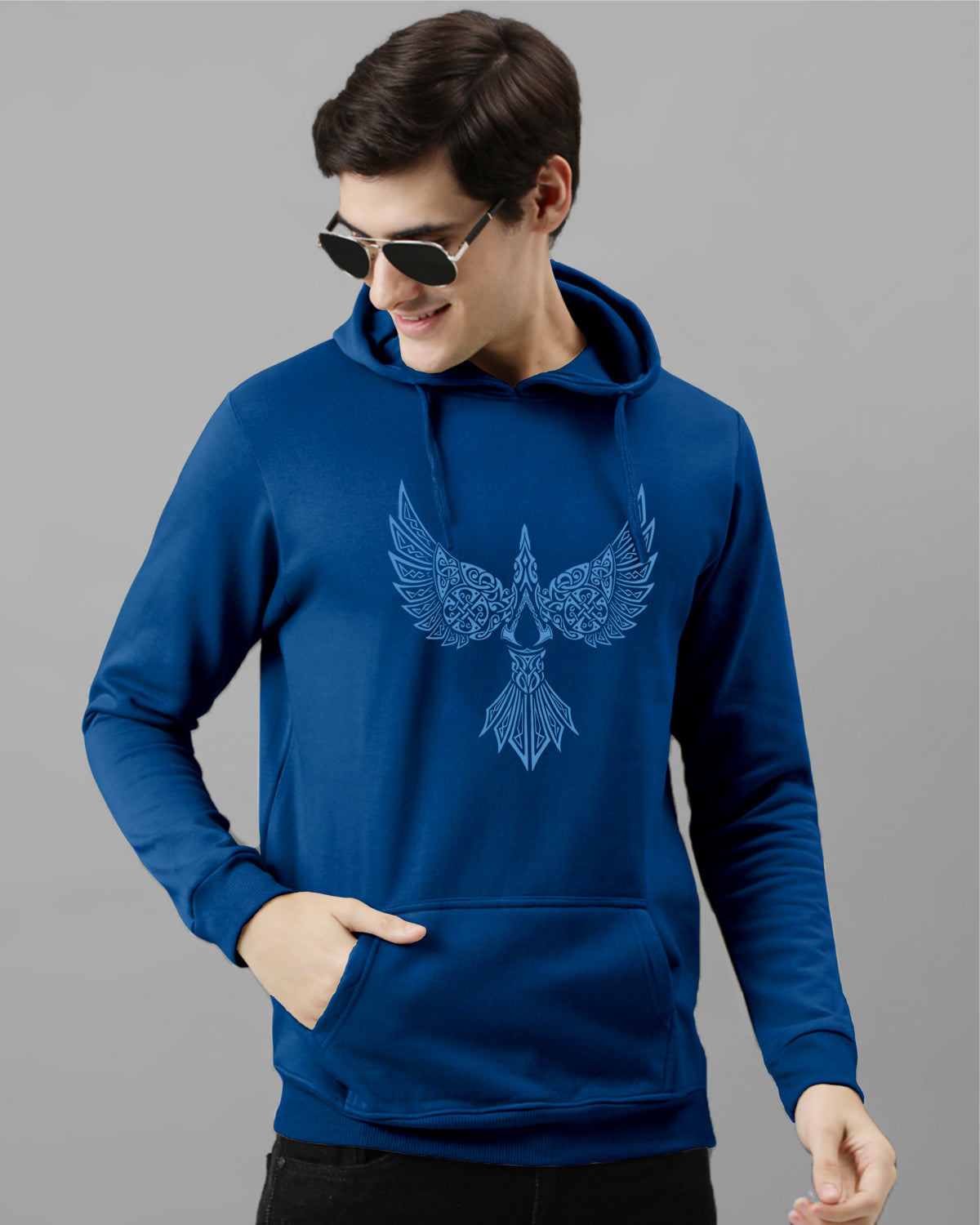 Men Blue Printed Hoodie