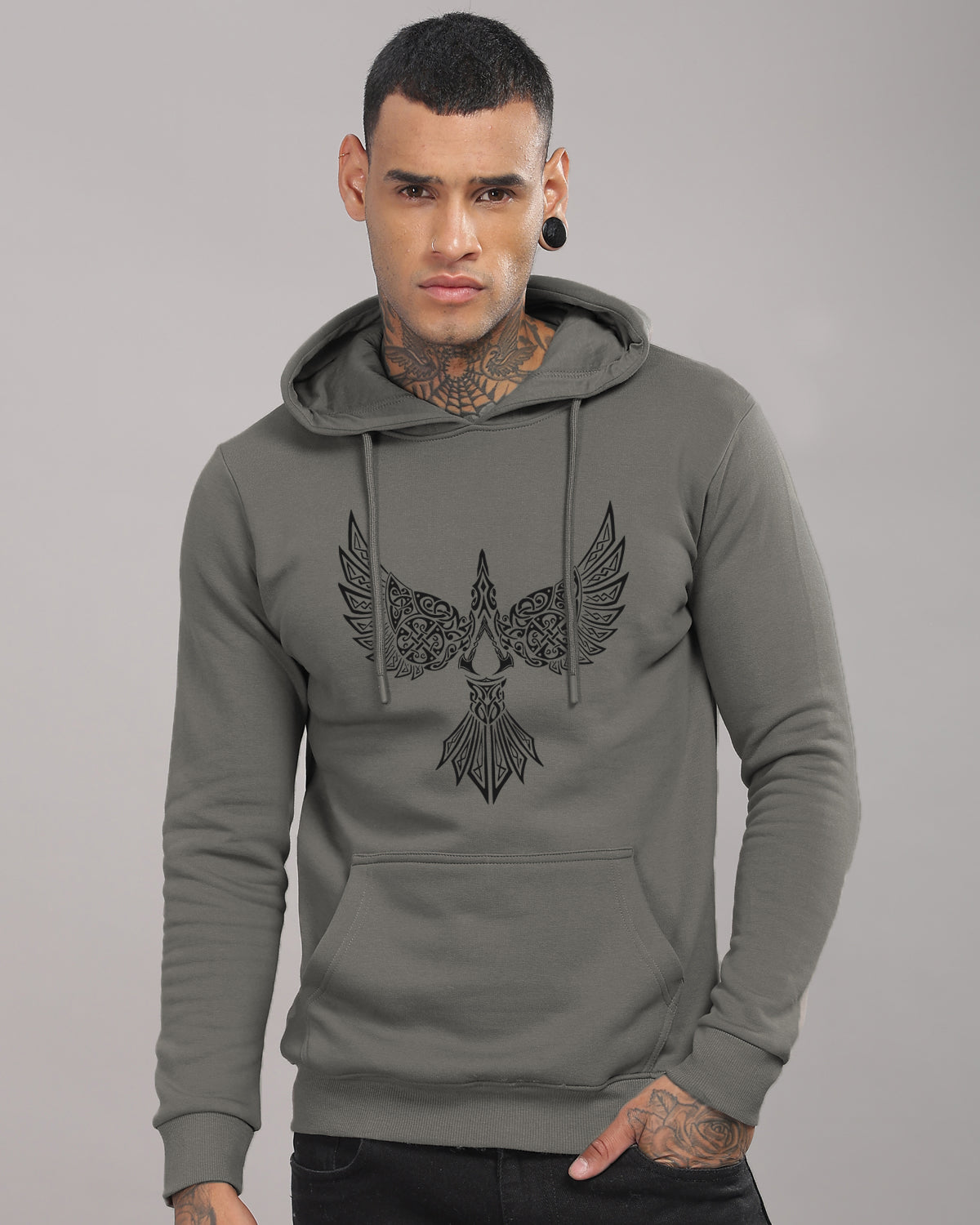 Men Steel Grey Printed Hoodie