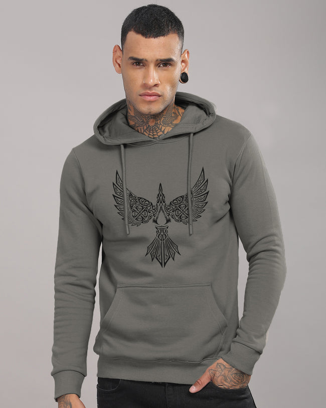 Men Steel Grey Printed Hoodie