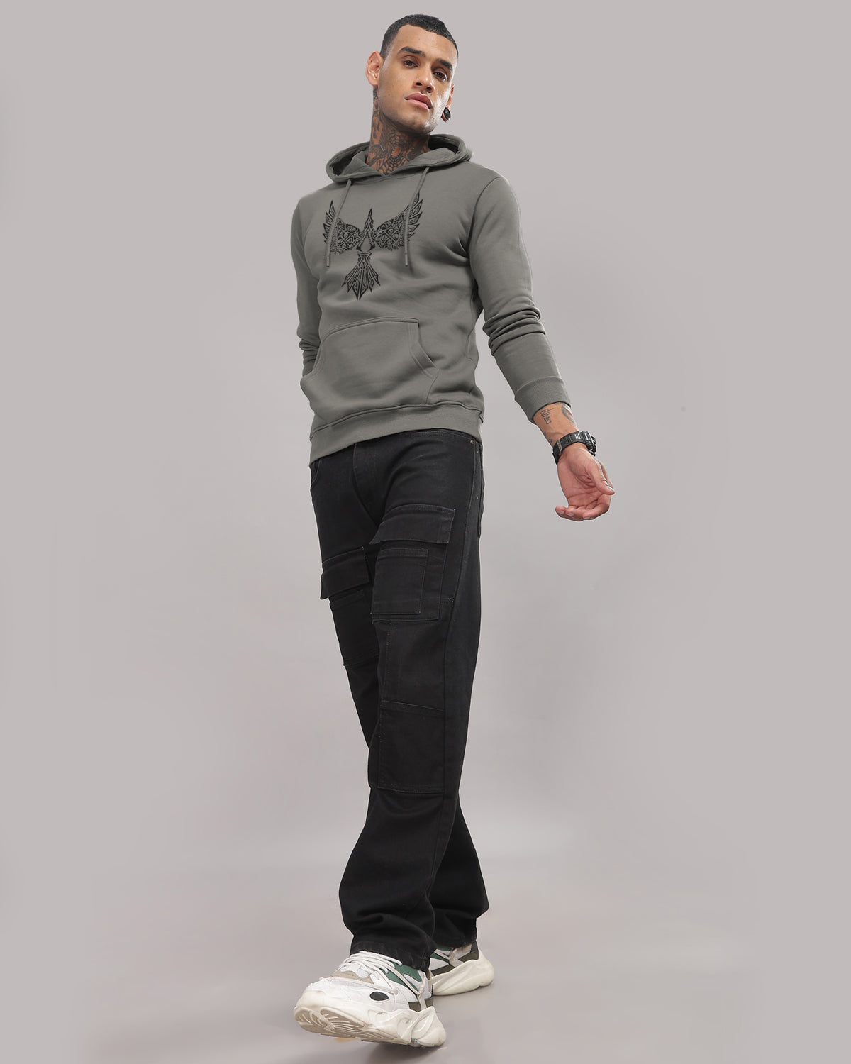 Men Steel Grey Printed Hoodie