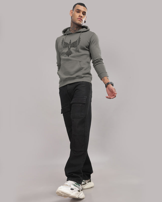 Men Steel Grey Printed Hoodie