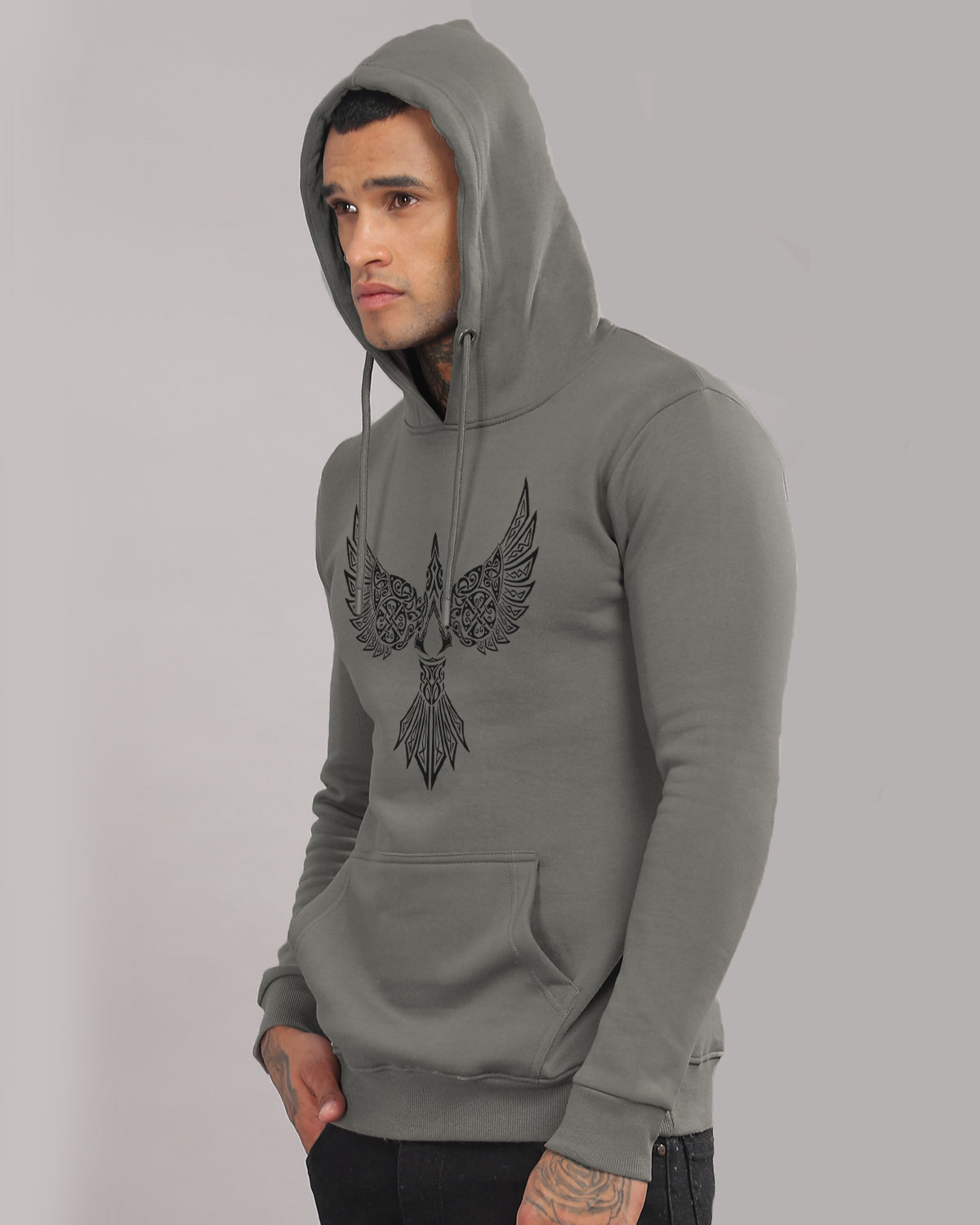 Men Steel Grey Printed Hoodie