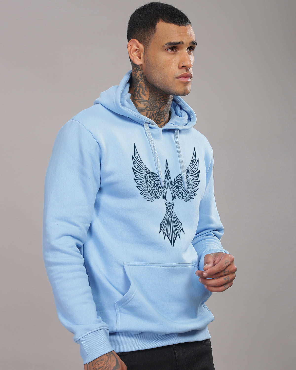 Men Sky Blue Printed Hoodie