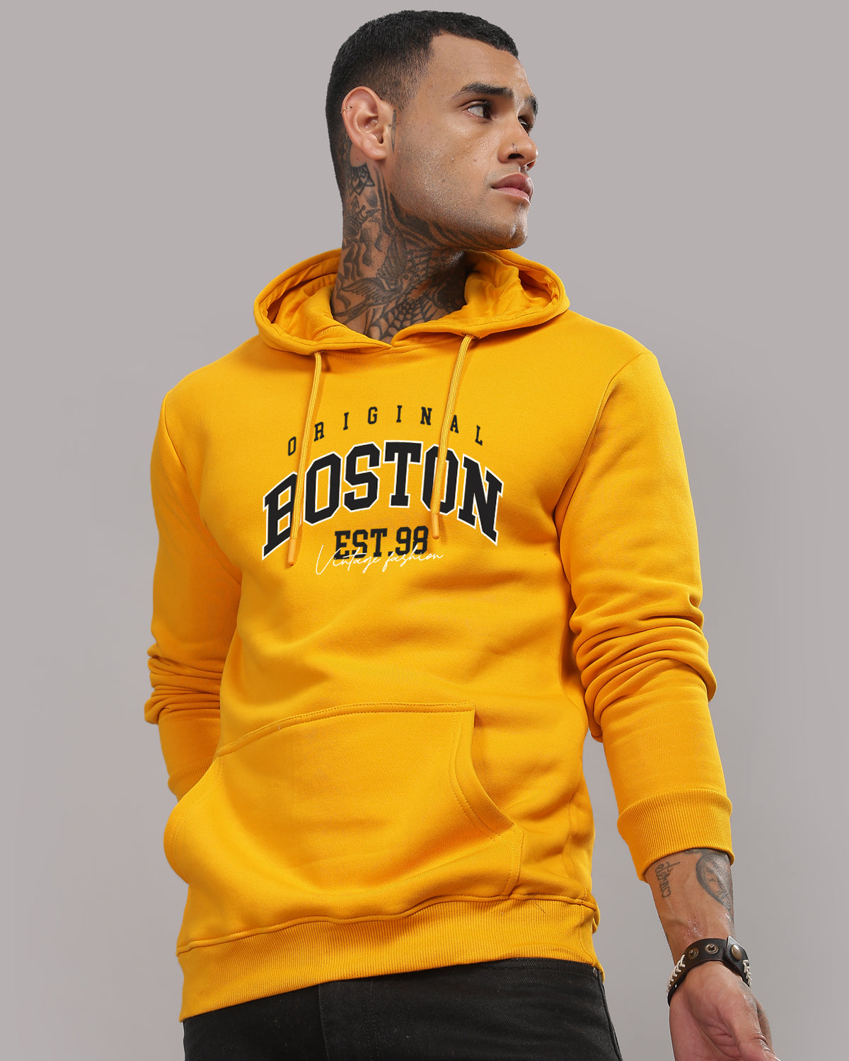 Men Mustard Printed Hoodie