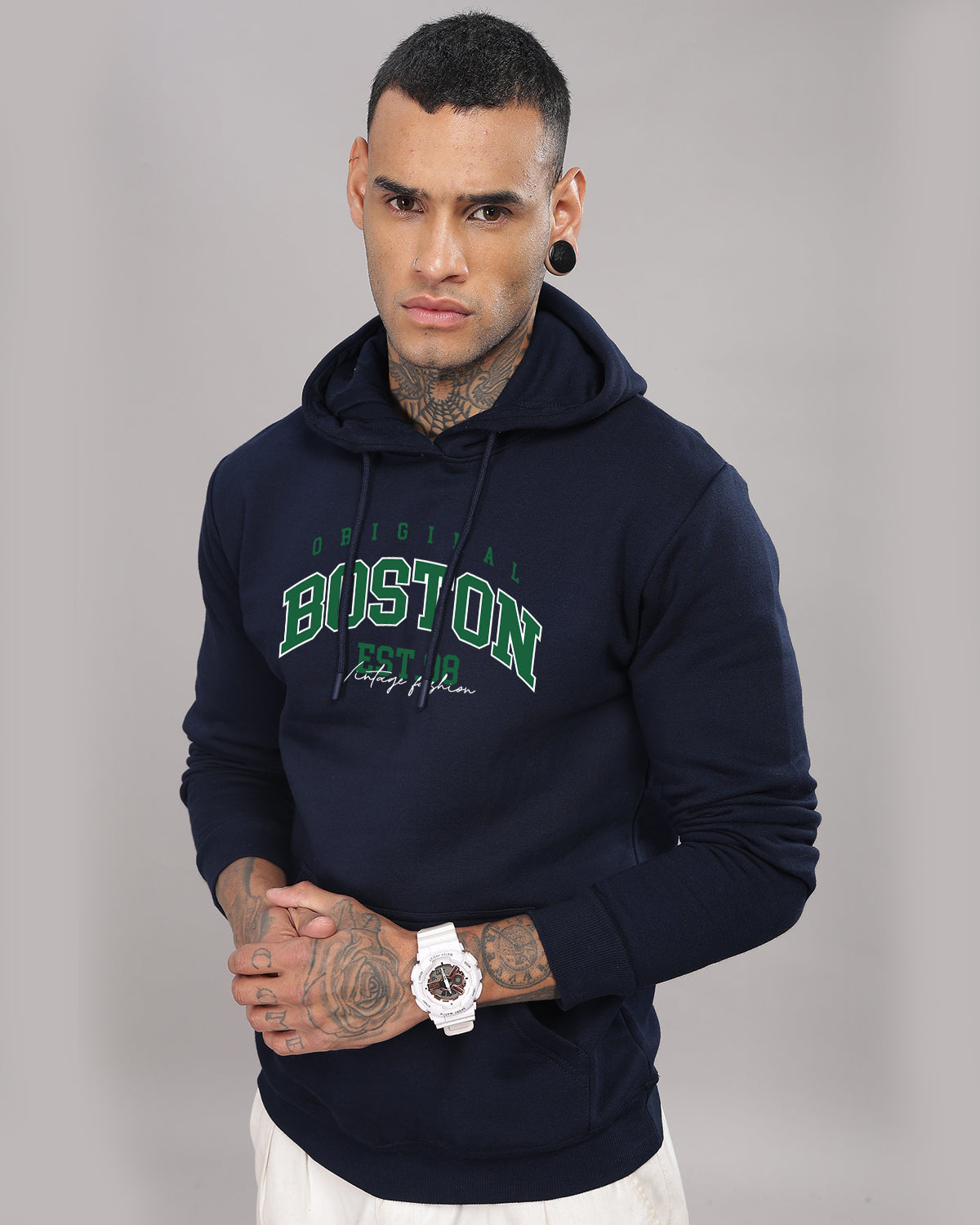 Men Navy Blue Printed Hoodie