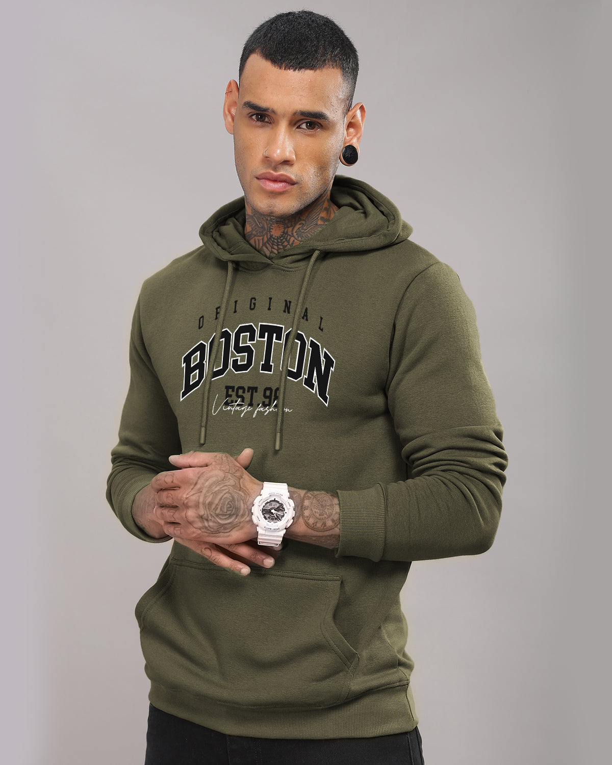 Men Olive Printed Hoodie