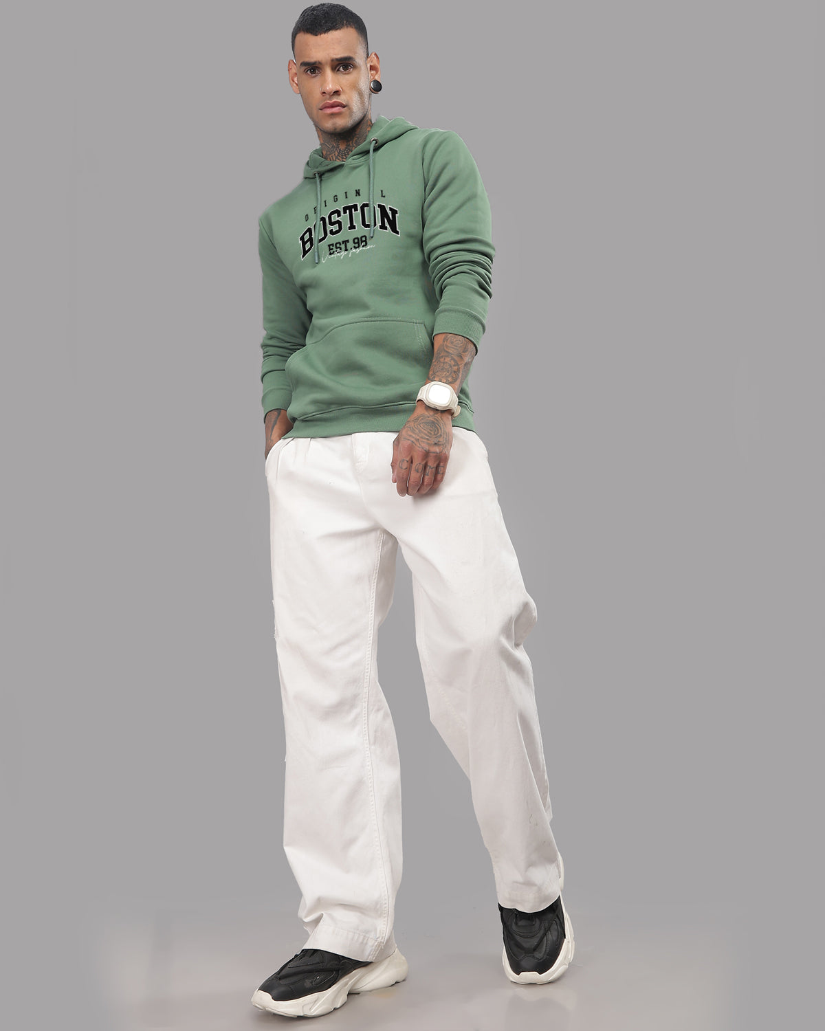 Men Green Printed Hoodie