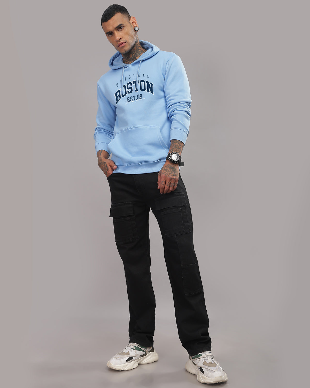 Men Sky Blue Printed Hoodie