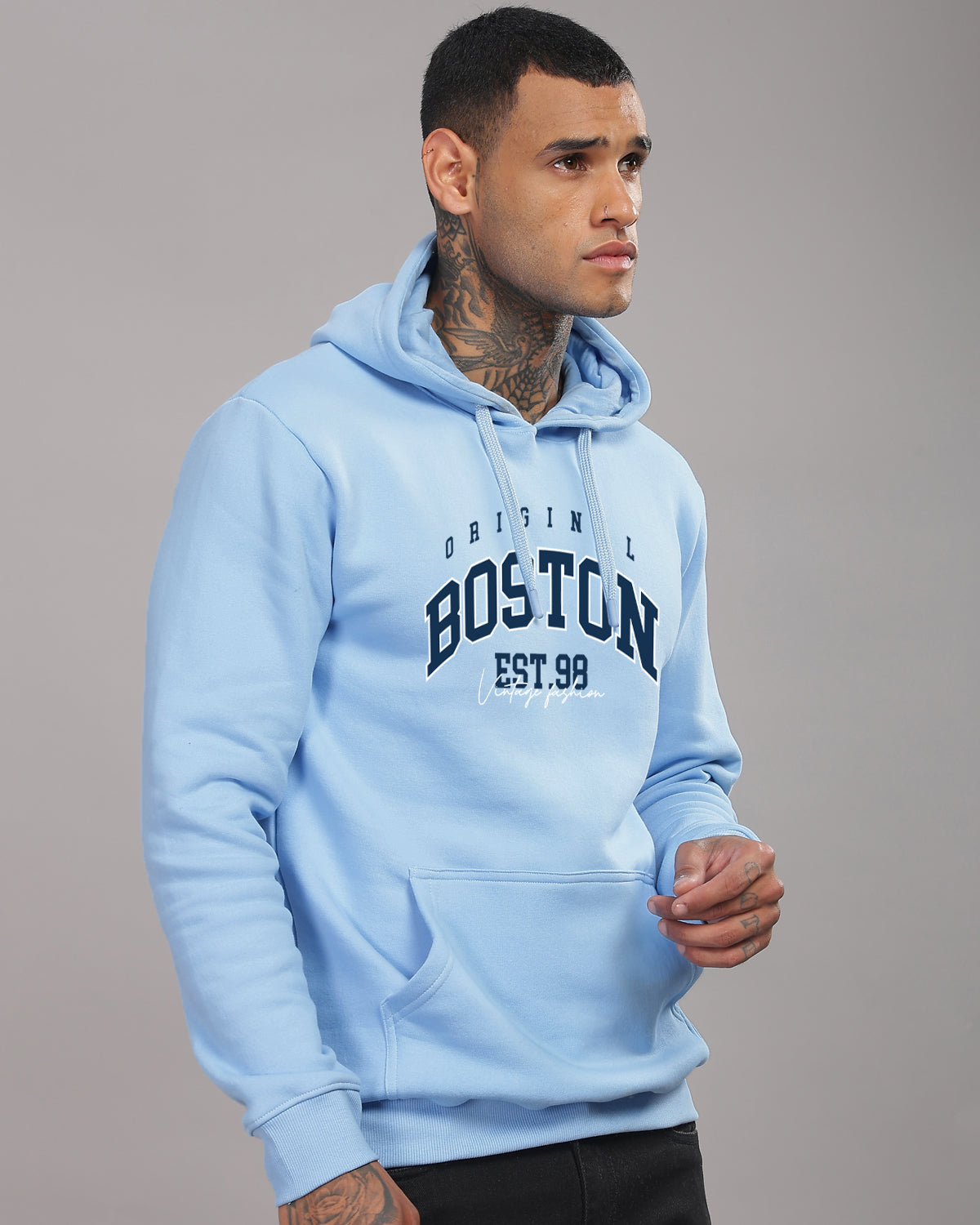 Men Sky Blue Printed Hoodie