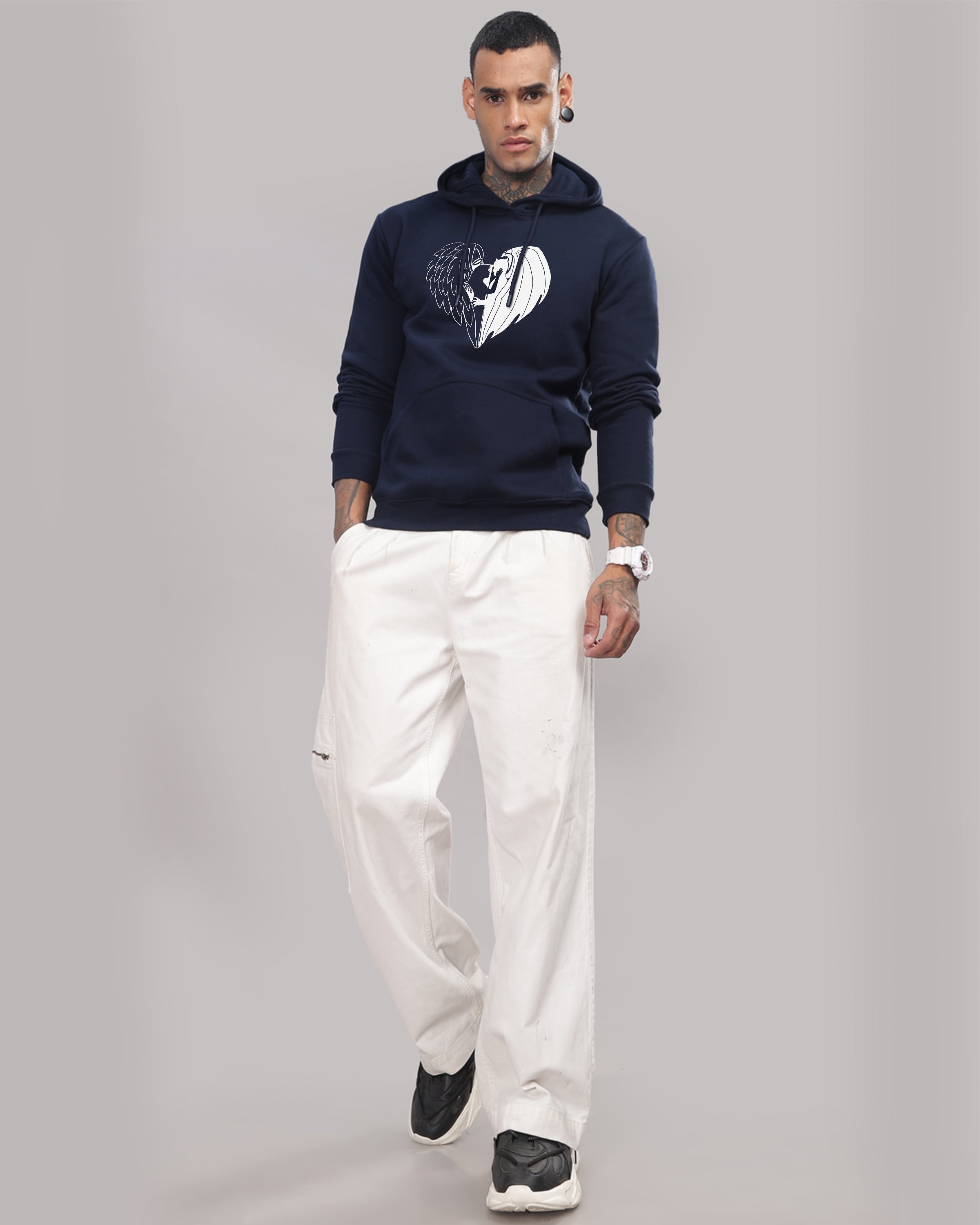 Men Navy Blue Printed Hoodie