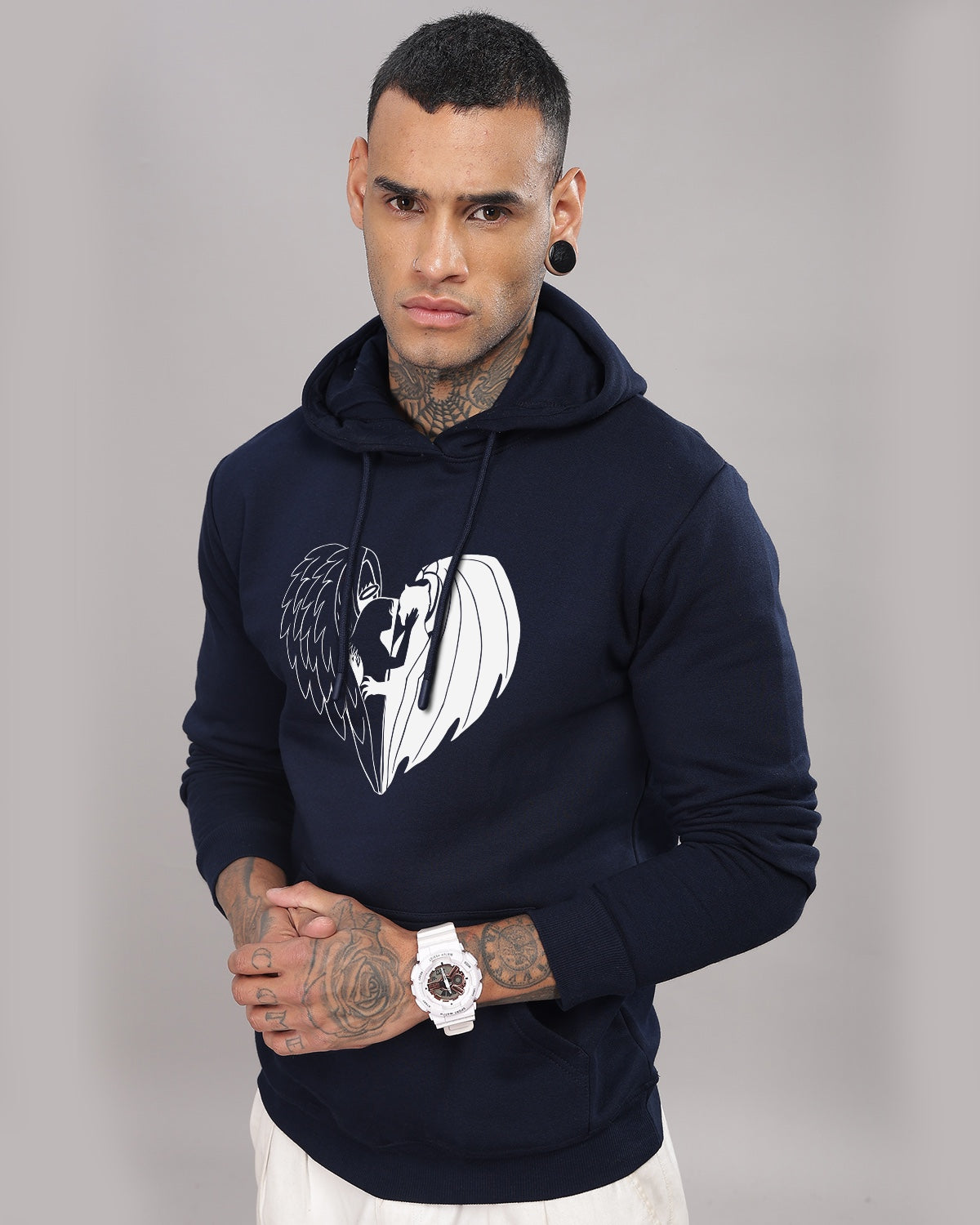 Men Navy Blue Printed Hoodie