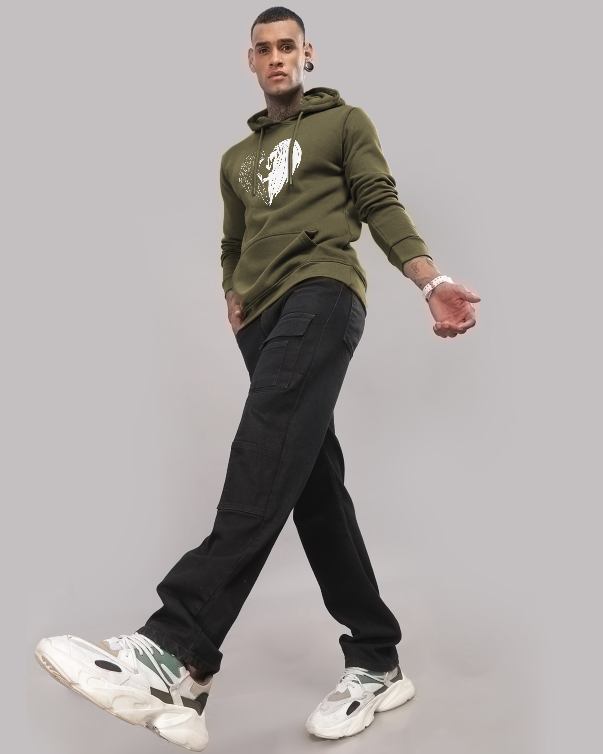 Men Olive Printed Hoodie