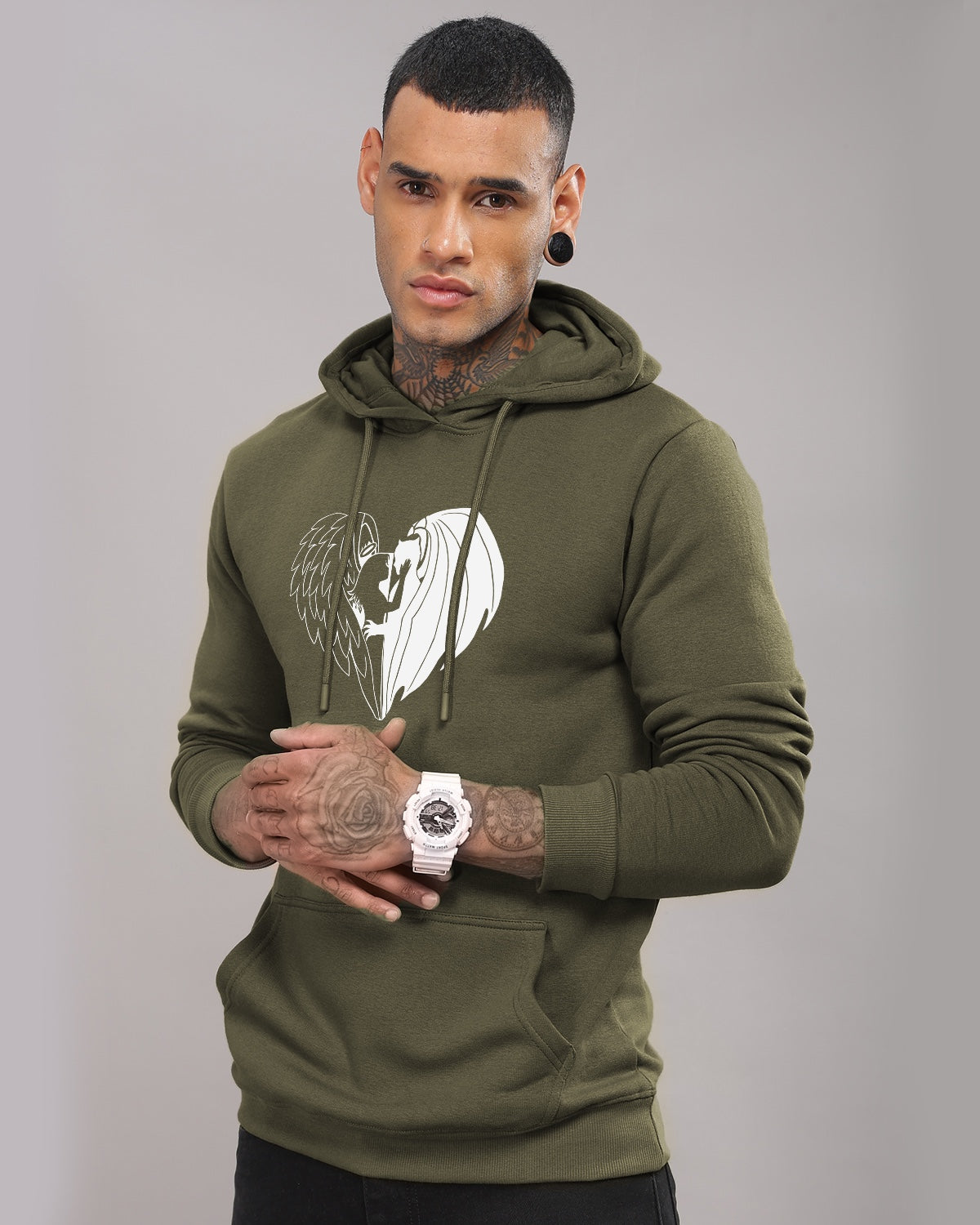 Men Olive Printed Hoodie