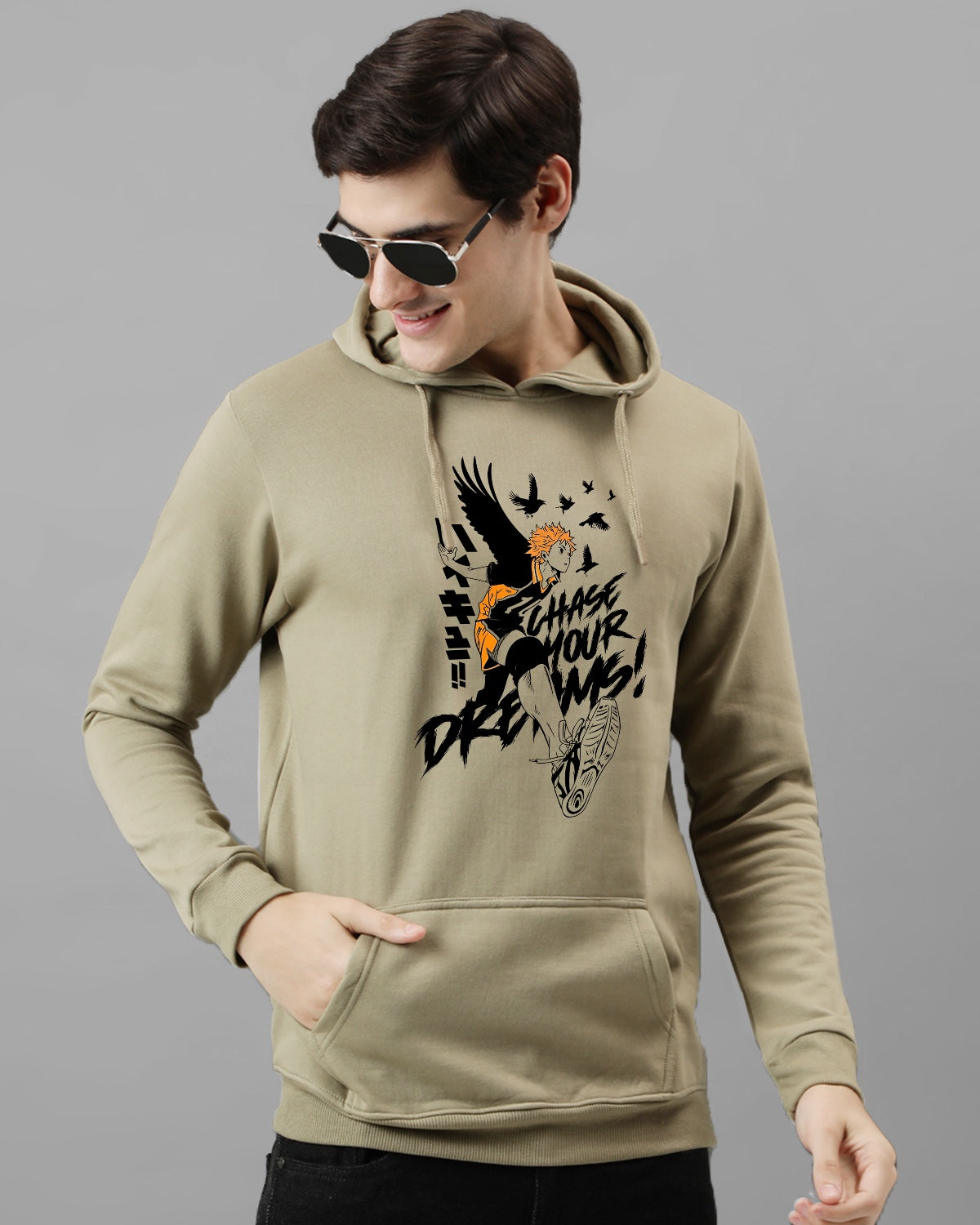 Men Beige Anime Hoodies