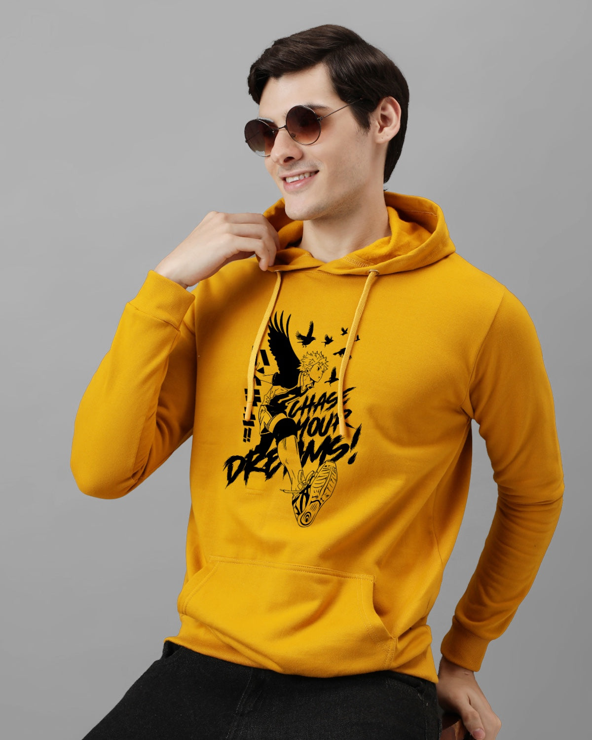 Men Mustard Anime Hoodies