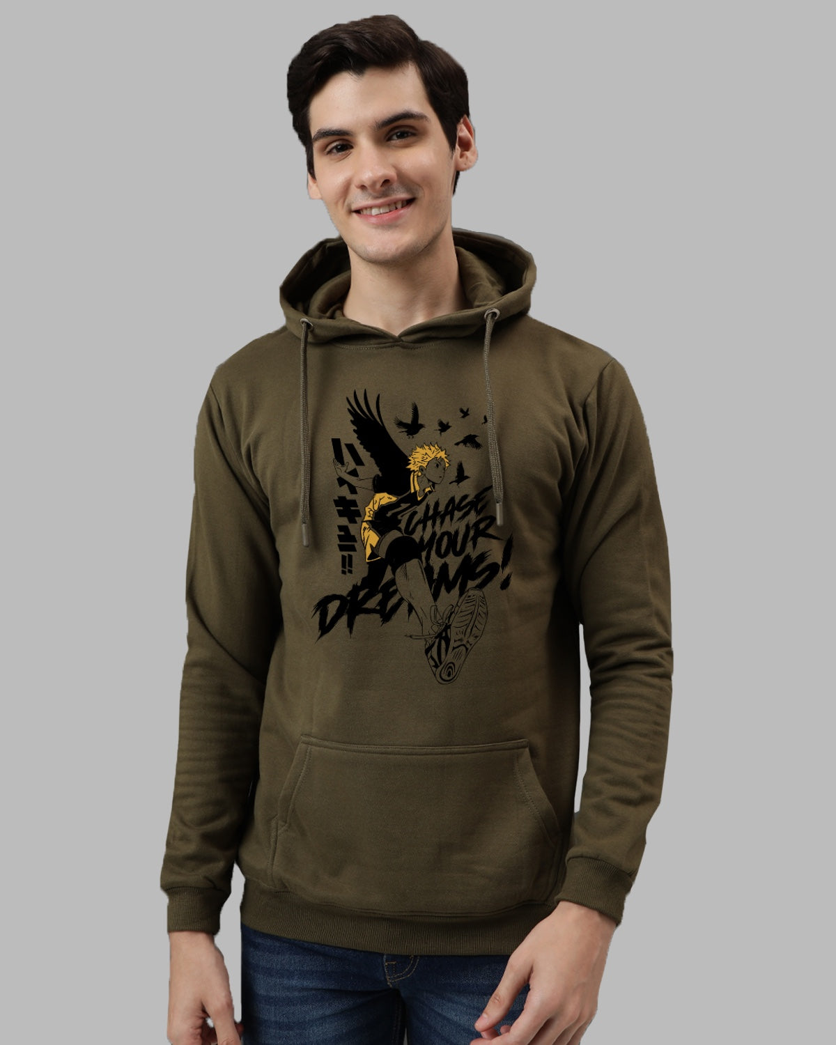 Men Olive Anime Hoodies