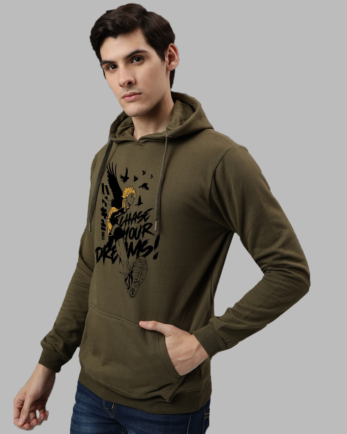 Men Olive Anime Hoodies