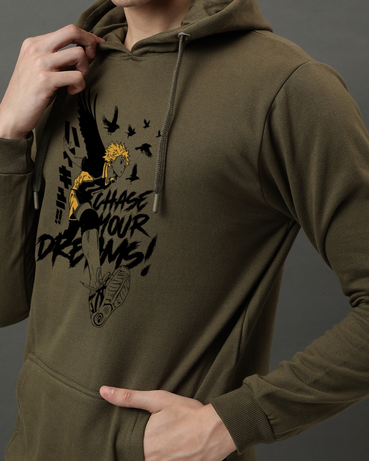 Men Olive Anime Hoodies