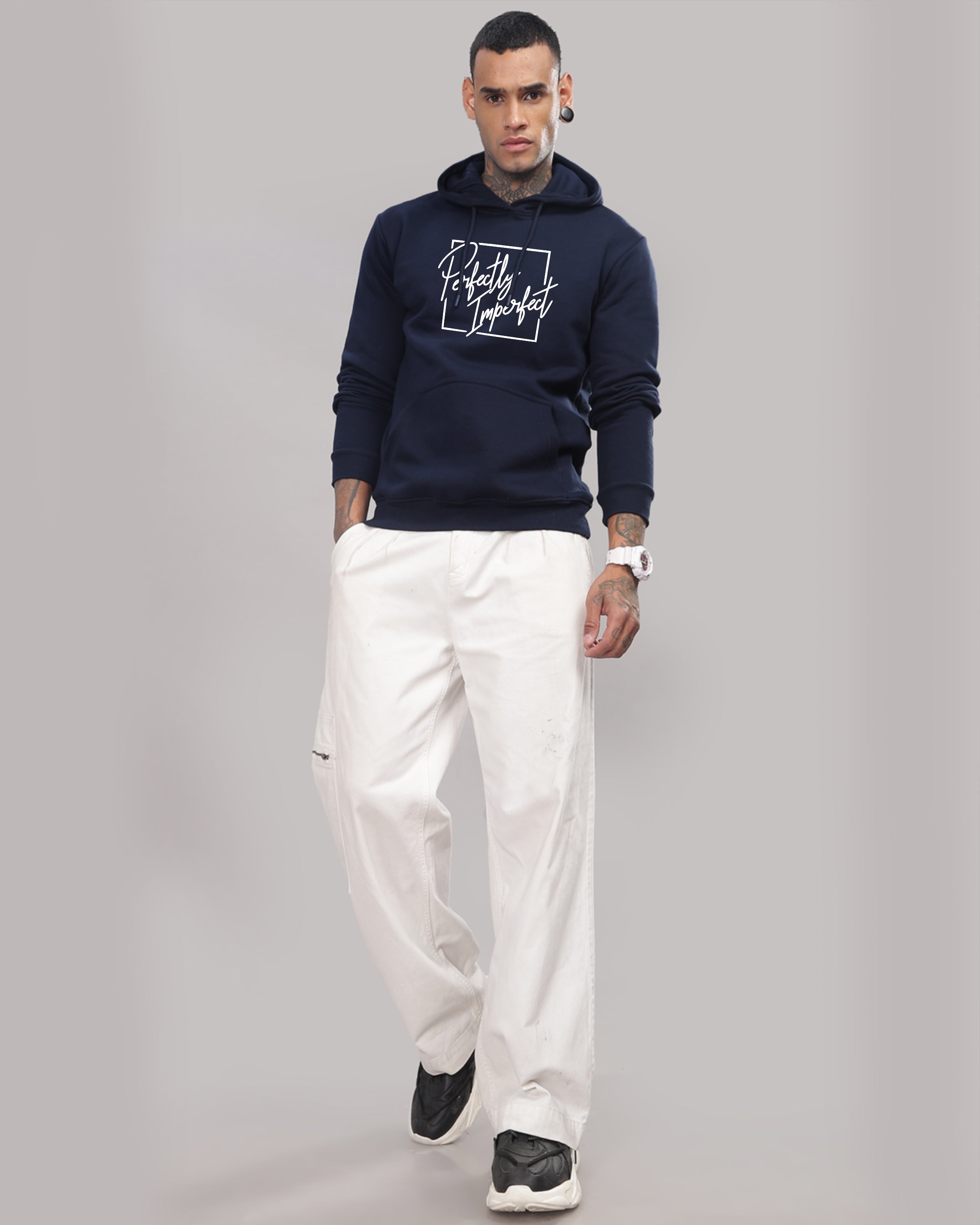 Men Navy Blue Printed Hoodie