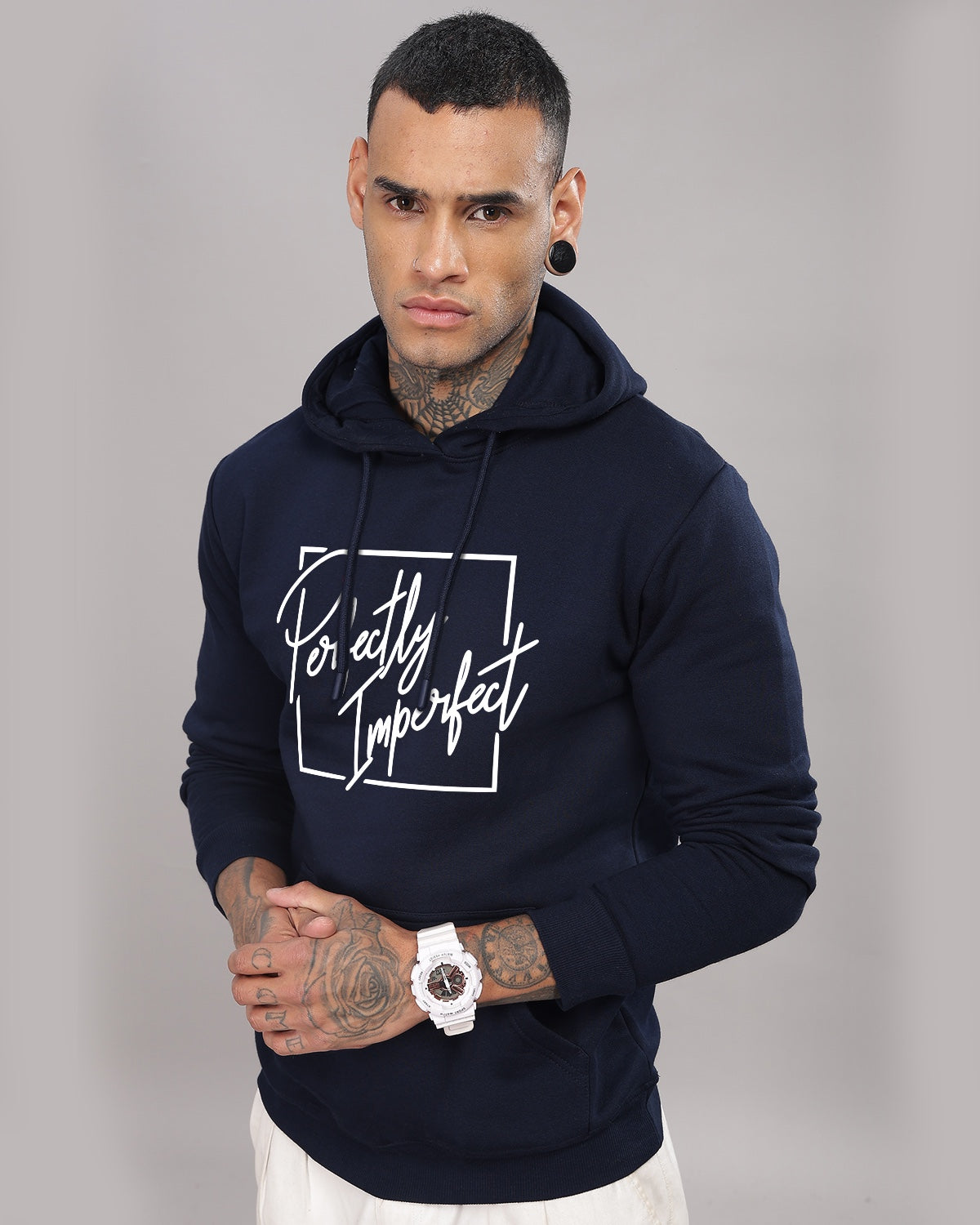 Men Navy Blue Printed Hoodie