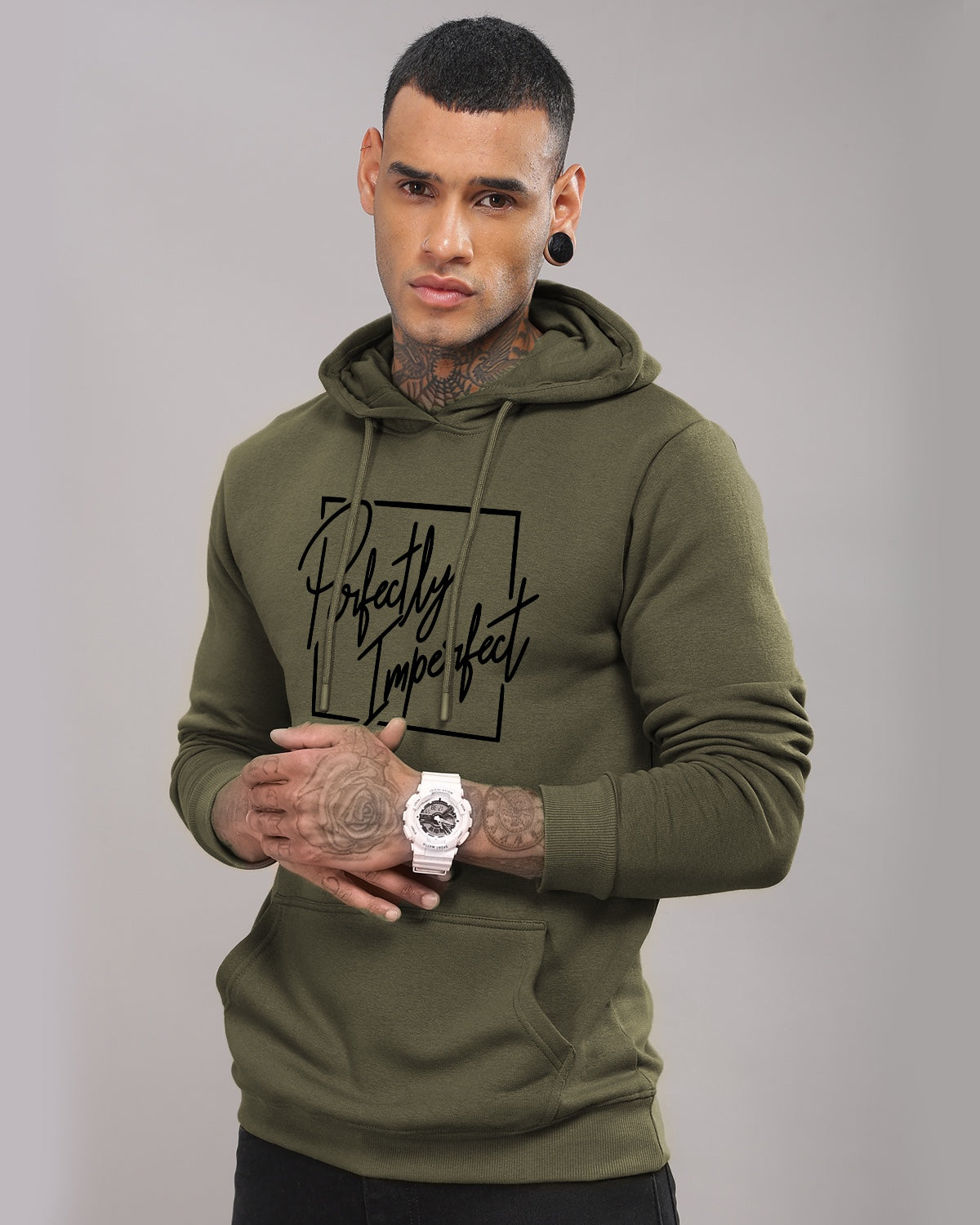 Men Olive Printed Hoodie