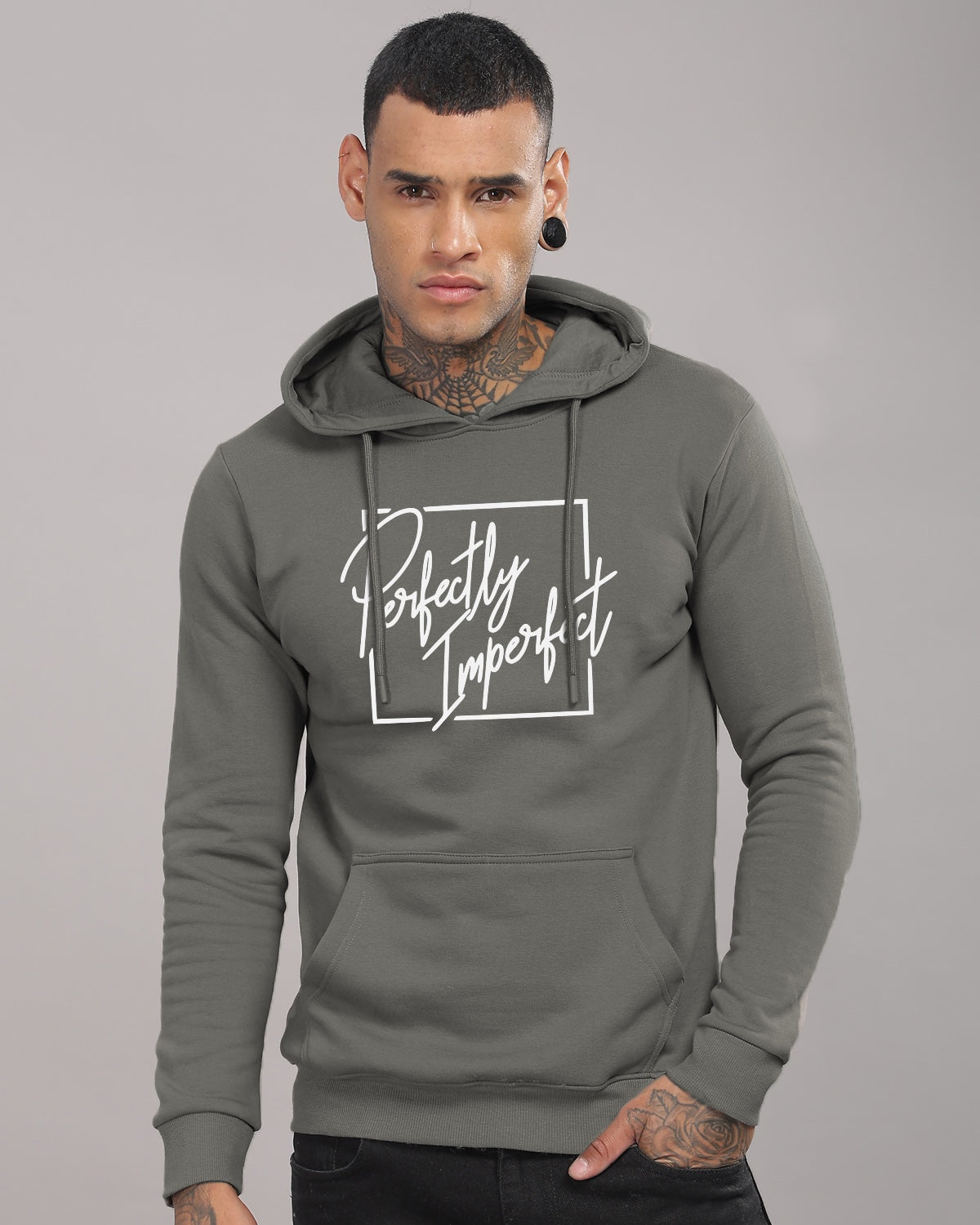 Men Steel Grey Printed Hoodie