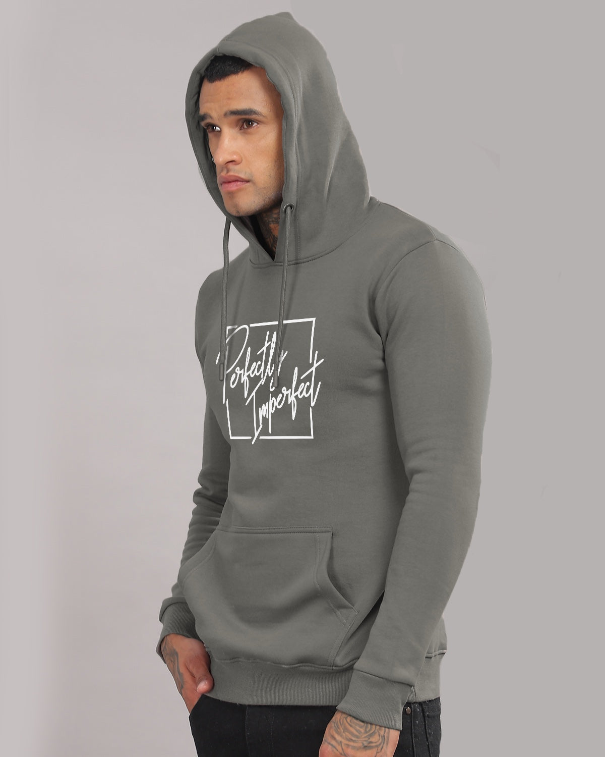 Men Steel Grey Printed Hoodie