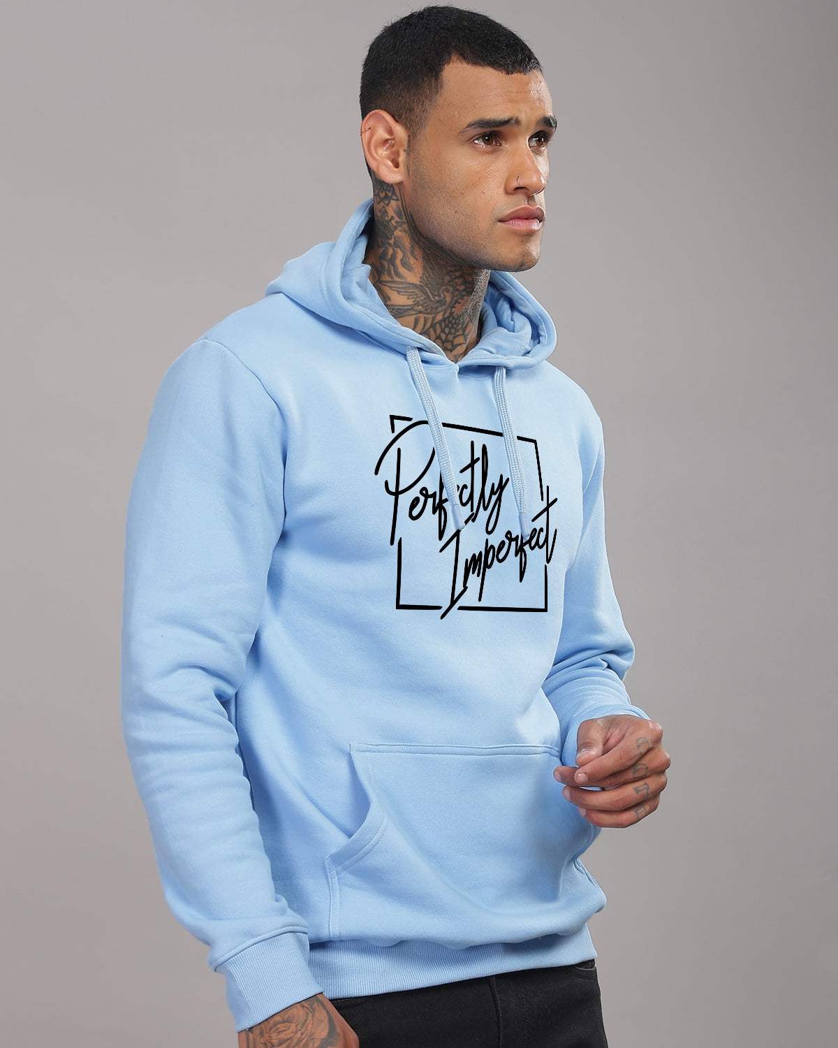 Men Sky Blue Printed Hoodie