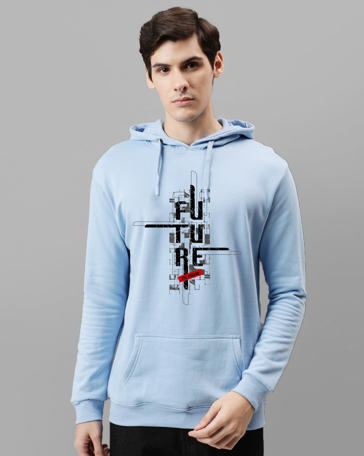 Men Blue Printed Cotton Hoodie