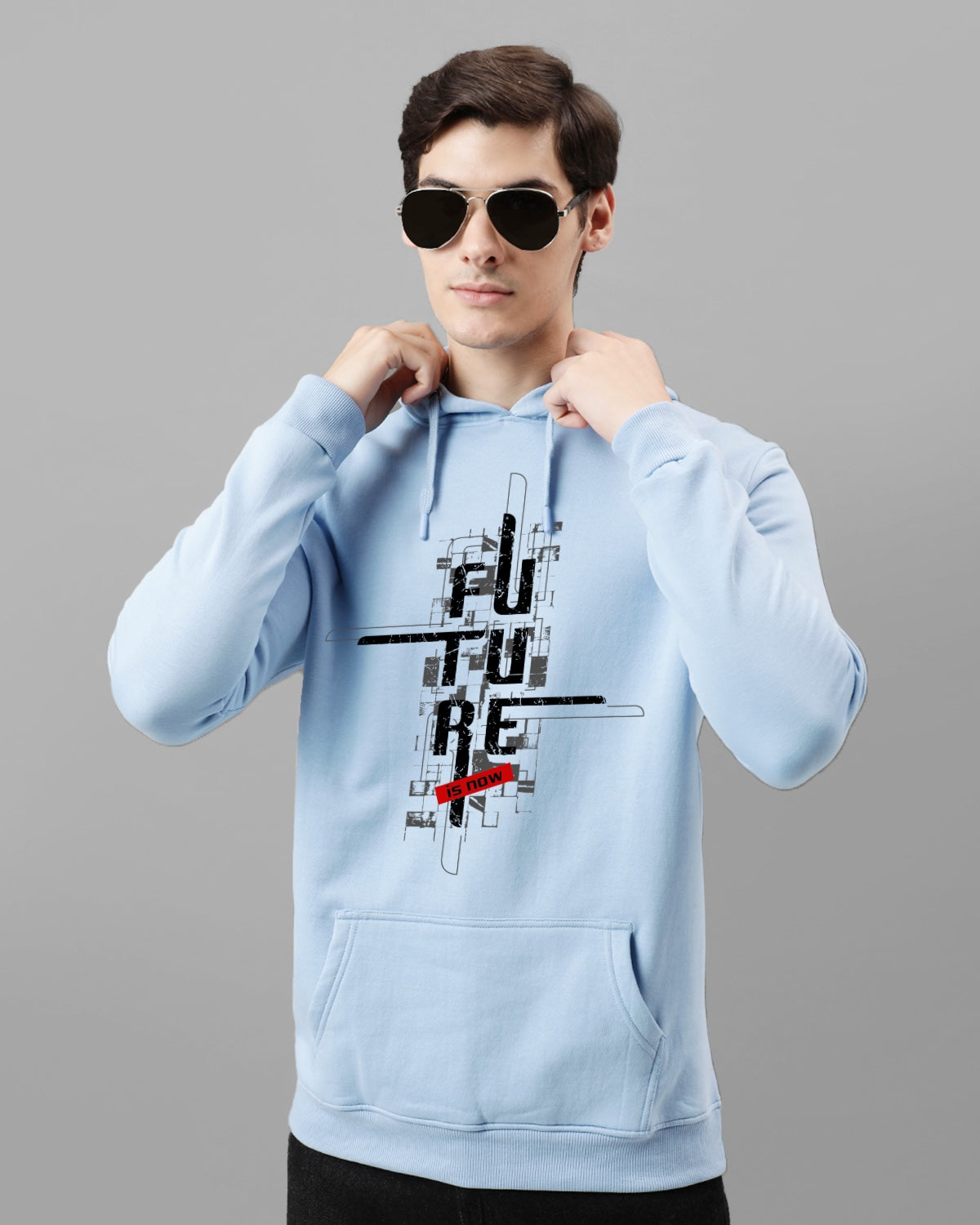 Men Blue Printed Cotton Hoodie
