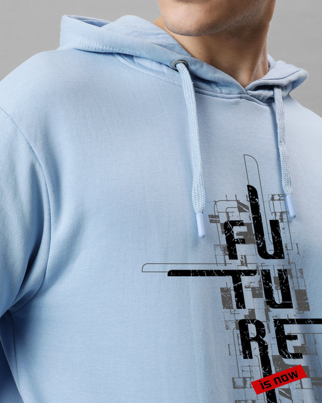 Men Blue Printed Cotton Hoodie