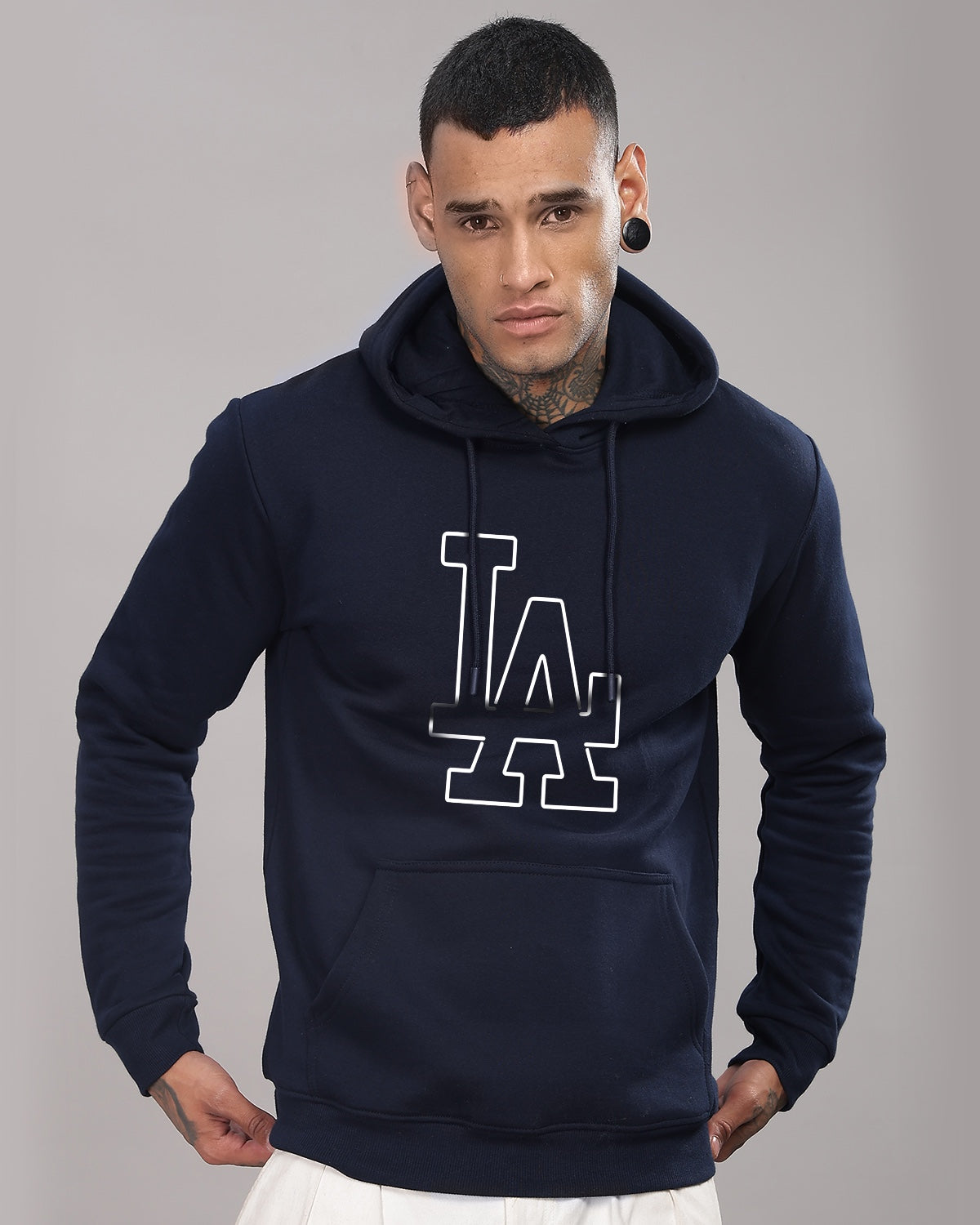 Men Navy Blue Printed Hoodie