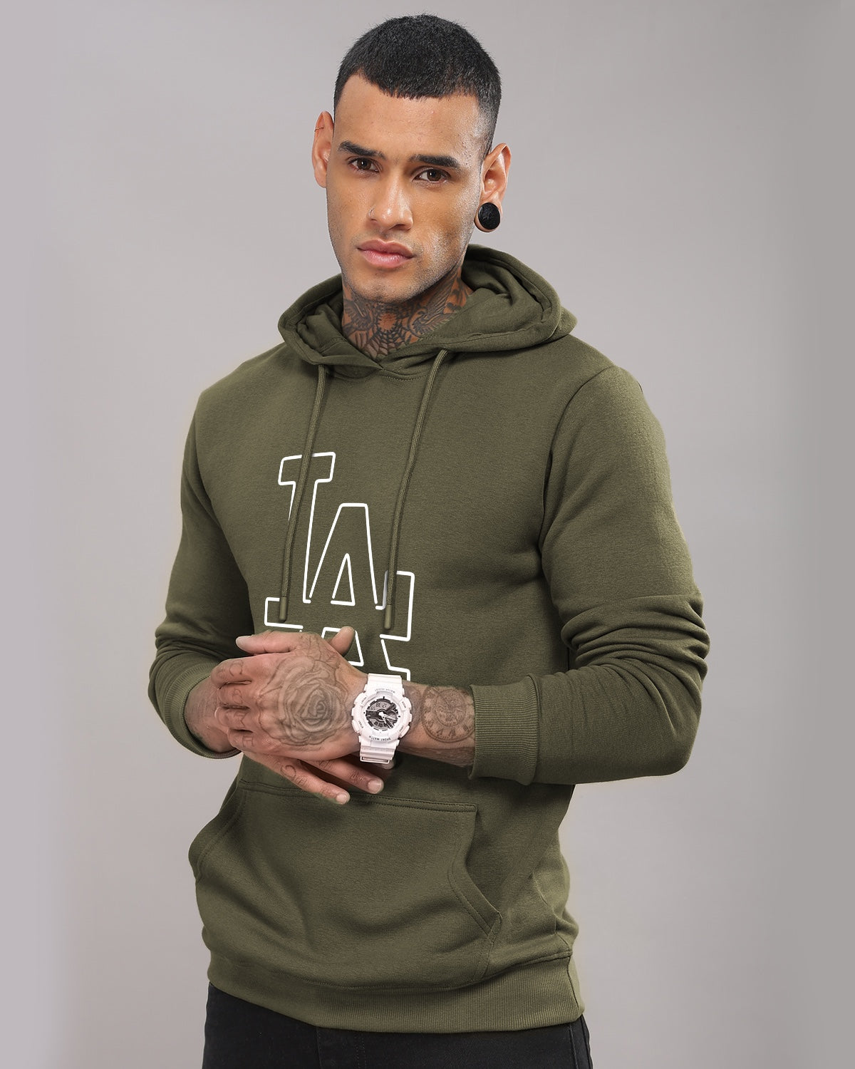 Men Olive Printed Hoodie