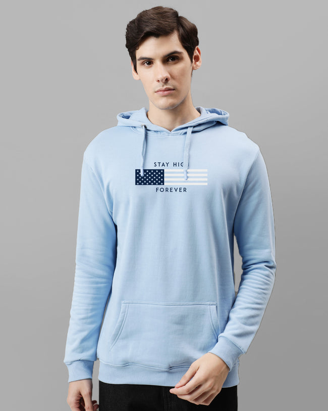 Men Blue Printed Cotton Hoodie