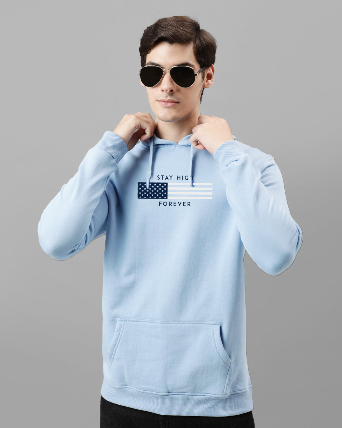 Men Blue Printed Cotton Hoodie