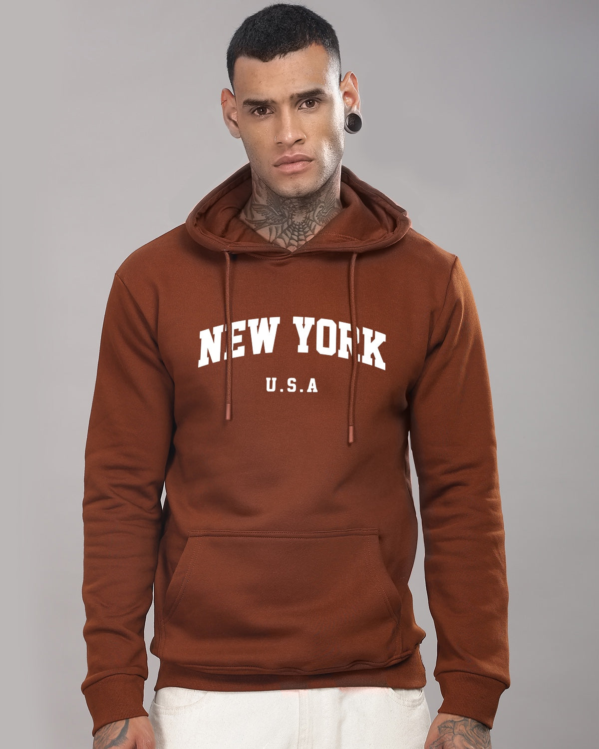 Men Brown Printed Cotton Hoodie