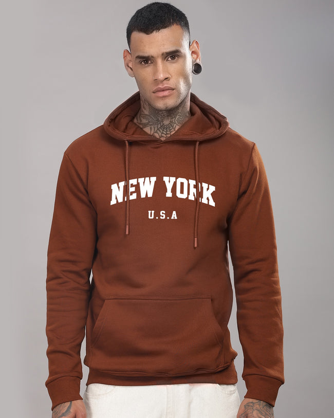 Men Brown Printed Cotton Hoodie