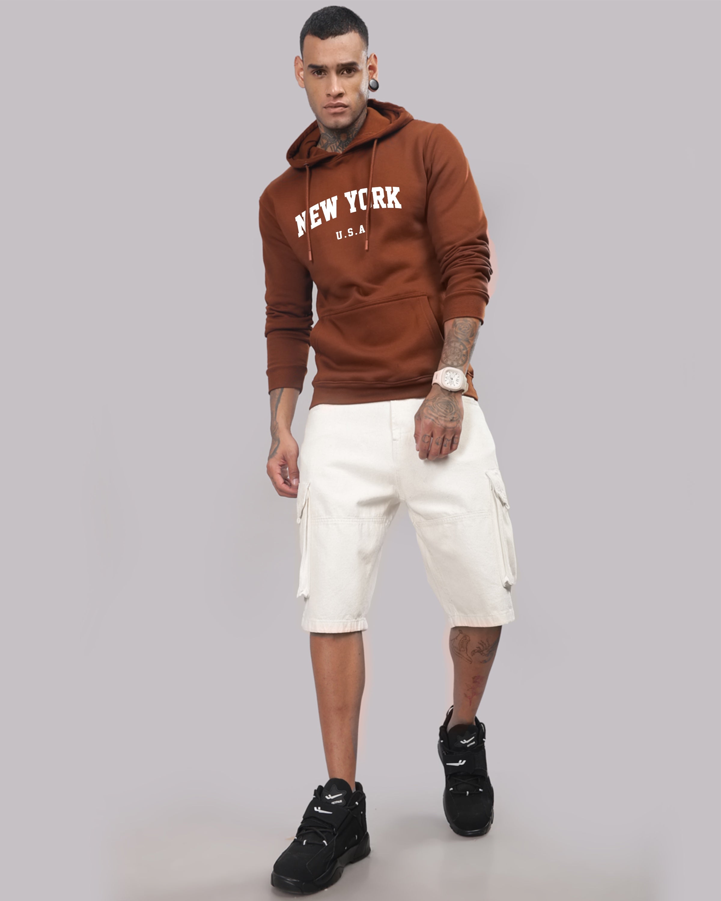 Men Brown Printed Cotton Hoodie