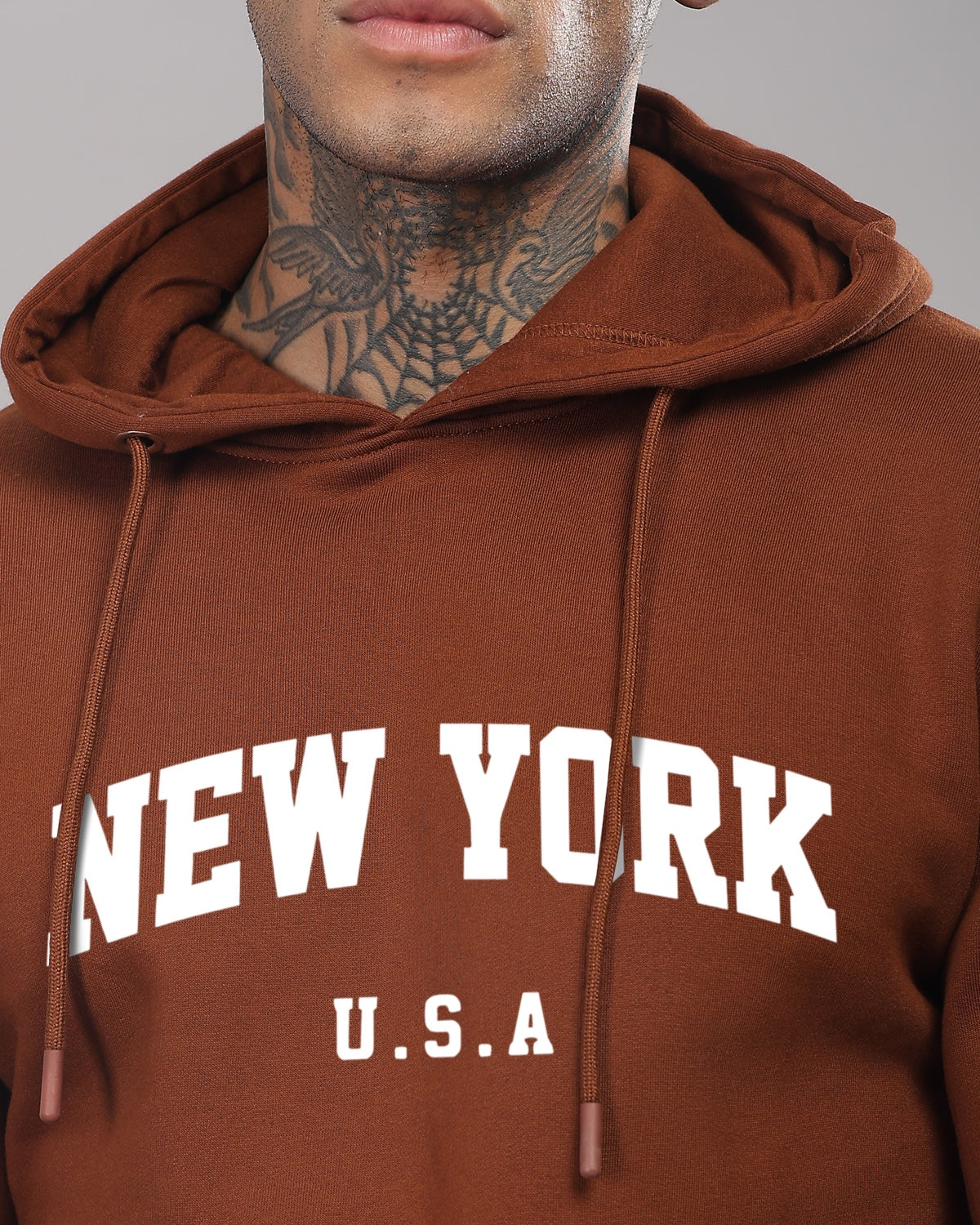 Men Brown Printed Cotton Hoodie