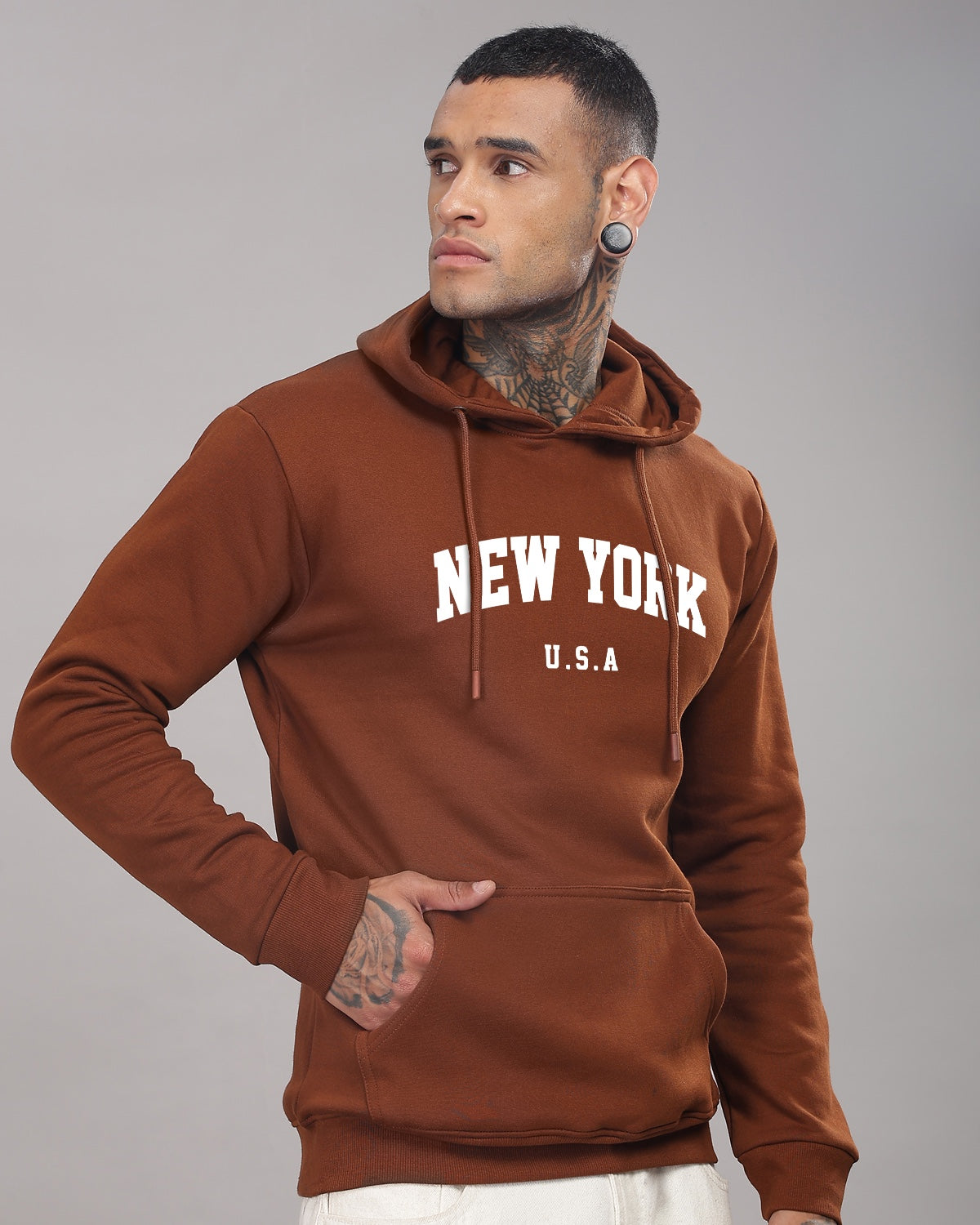 Men Brown Printed Cotton Hoodie