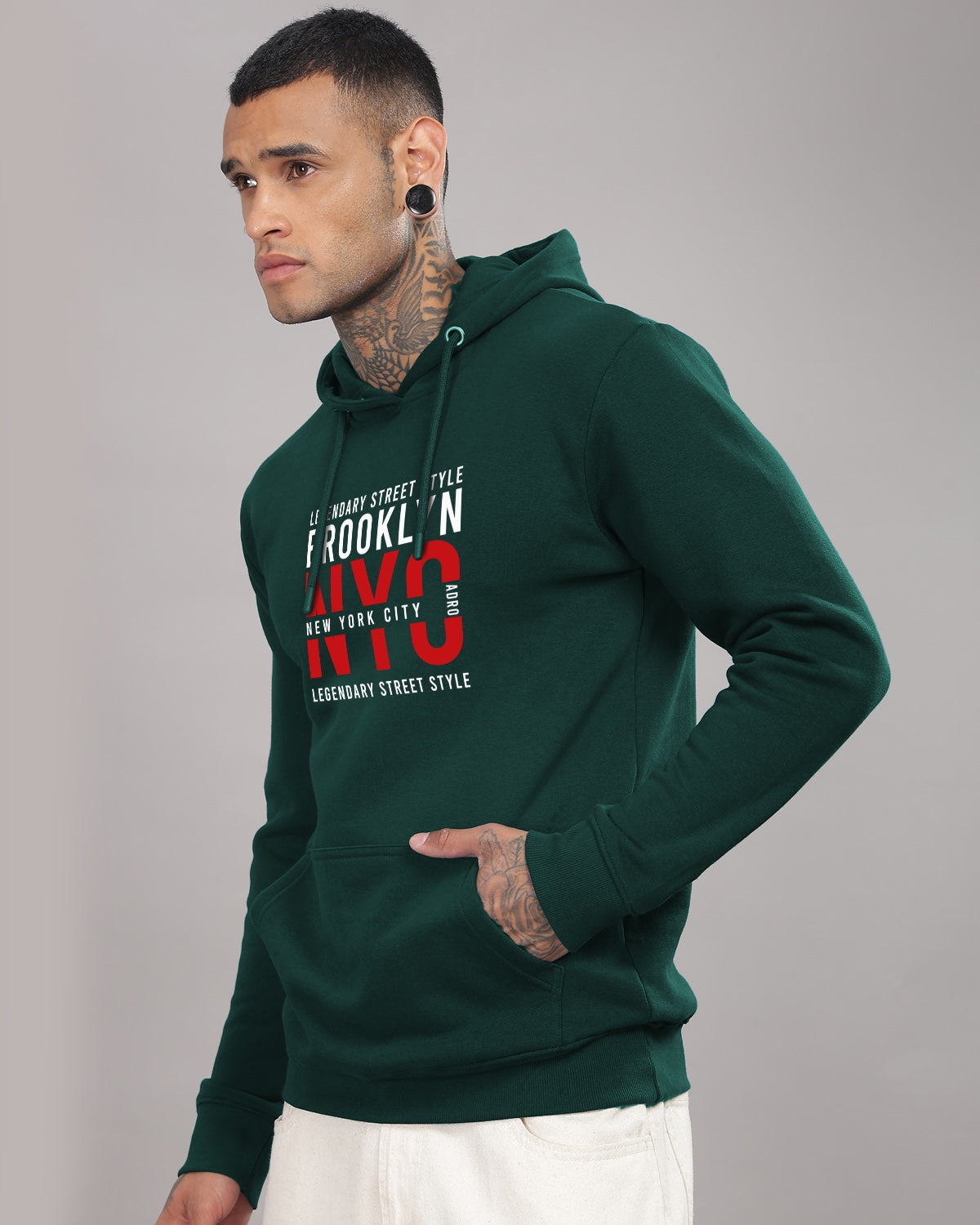 Men Green Printed Cotton Hoodie