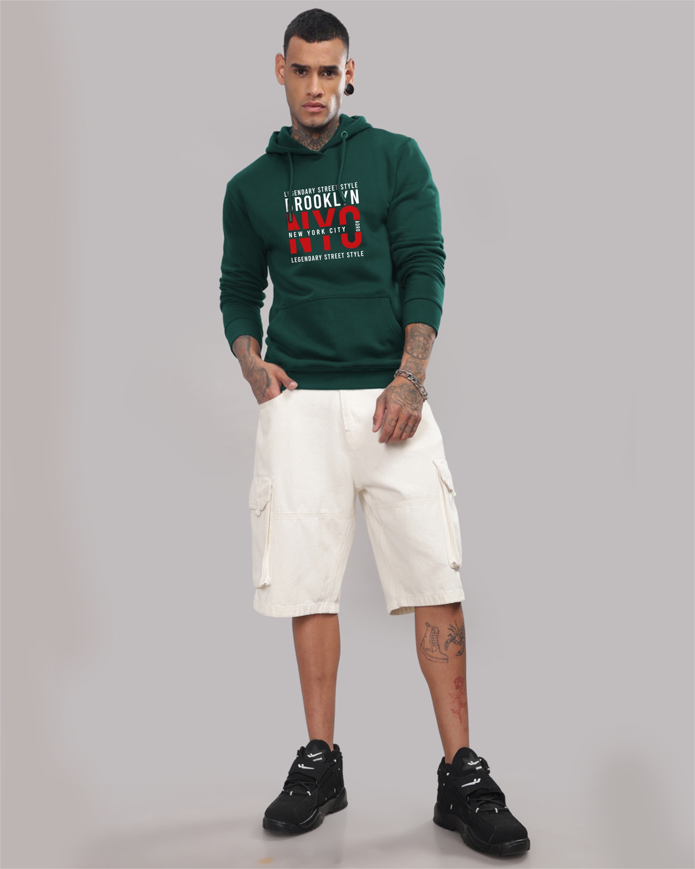 Men Green Printed Cotton Hoodie