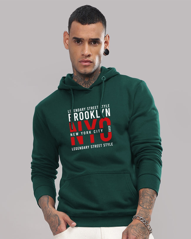 Men Green Printed Cotton Hoodie