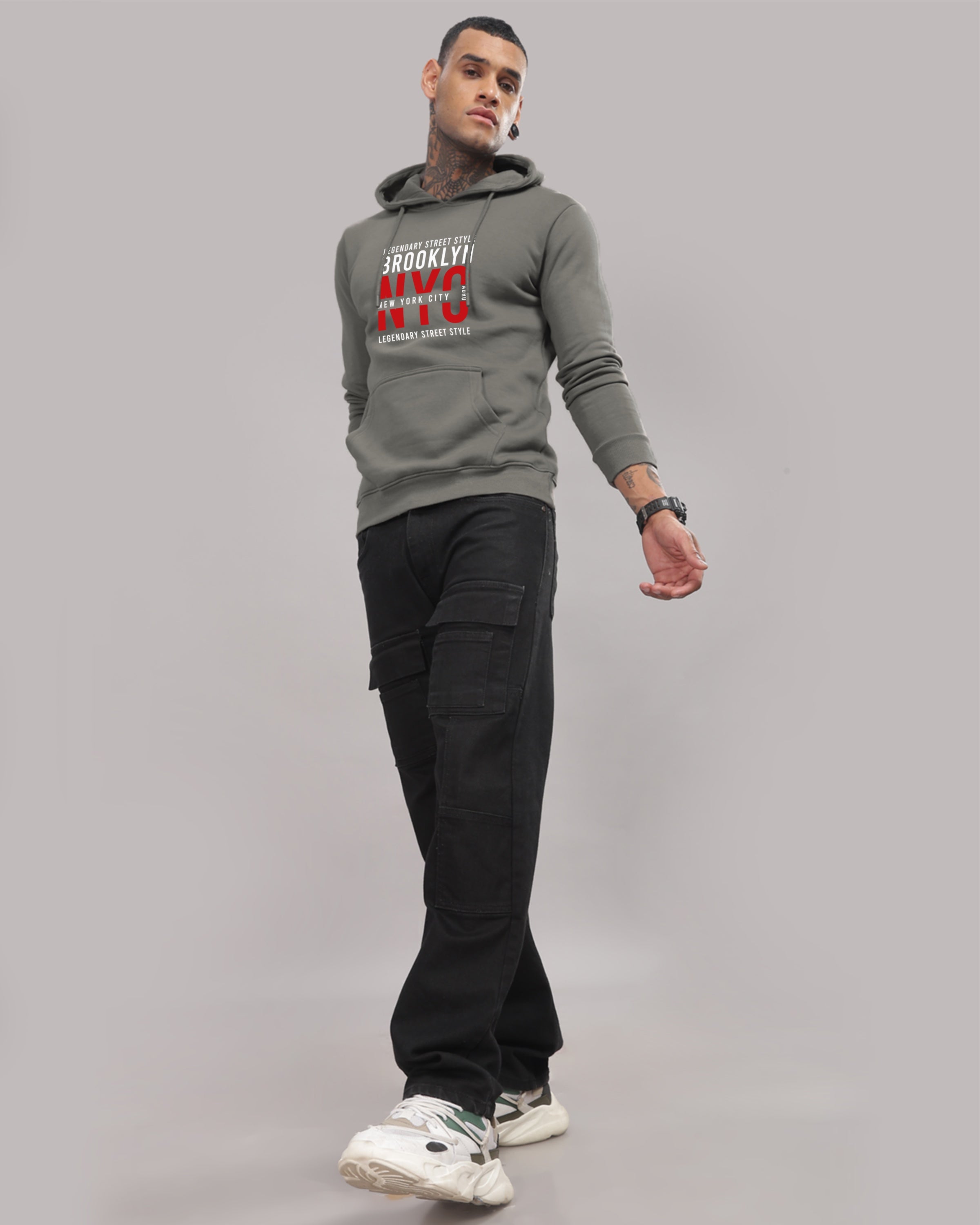 Men Grey Printed Hoodie