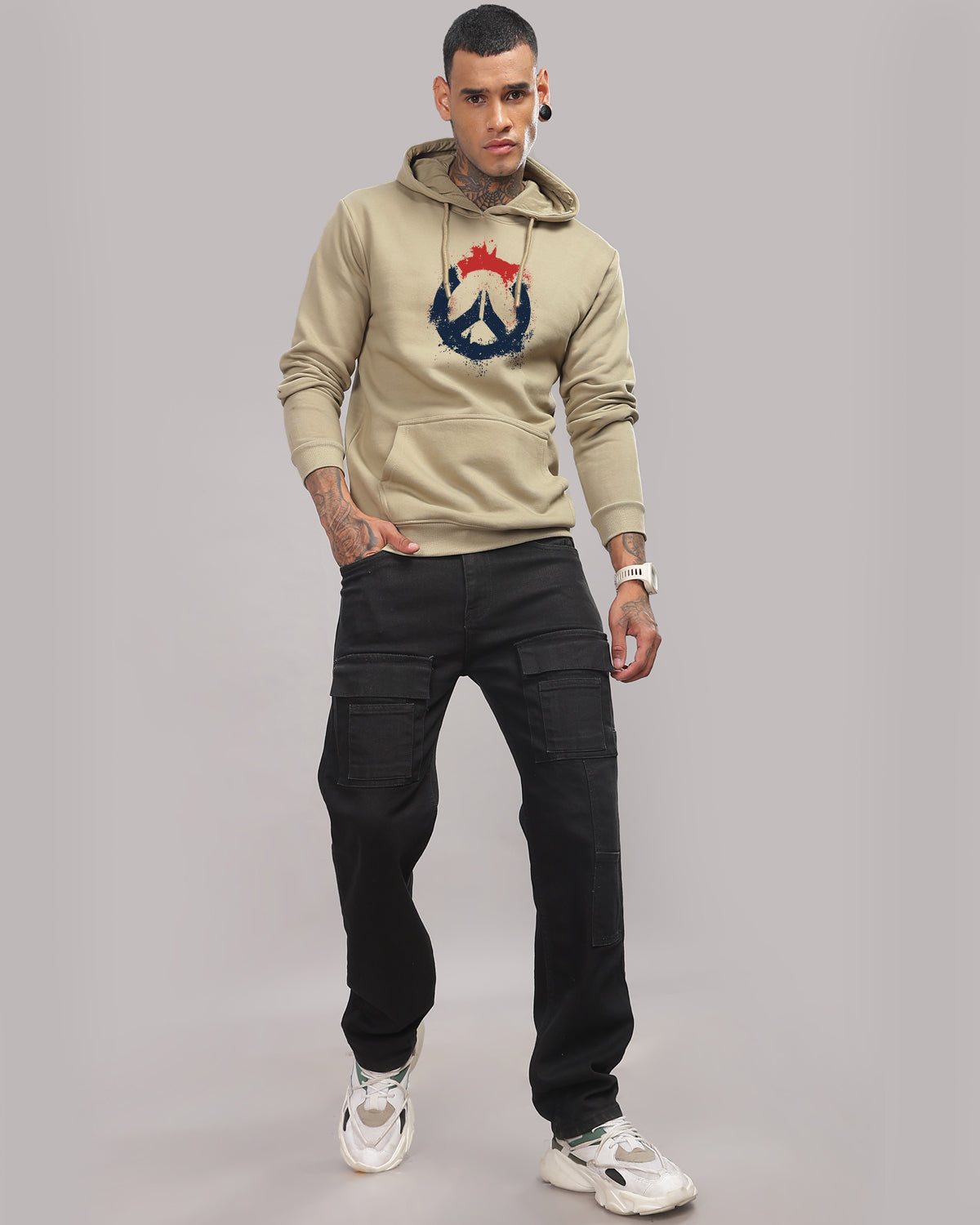 Men Beige Long Lasting Printed Hoodie