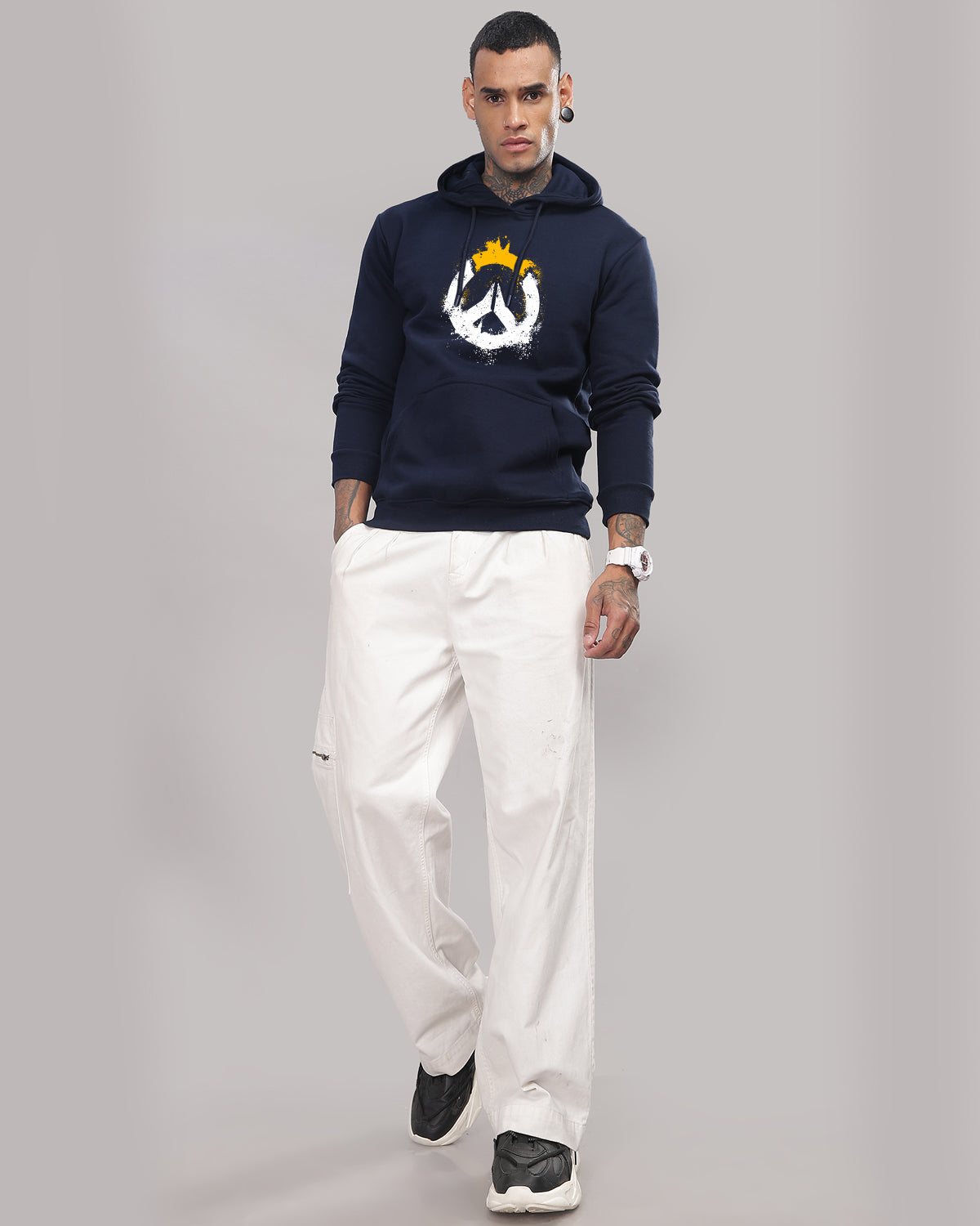 Men Navy Blue Long Lasting Printed Hoodie