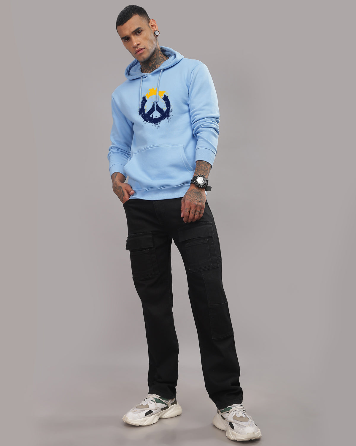 Men Sky Blue Long Lasting Printed Hoodie