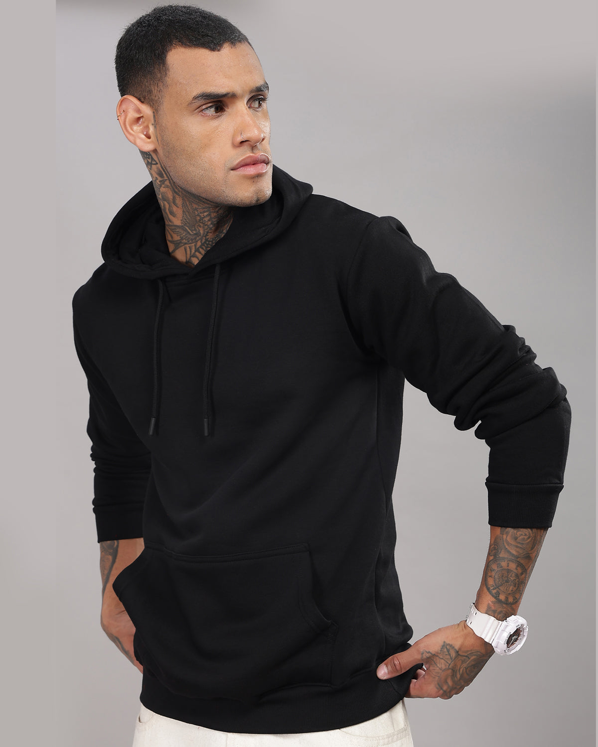 Men Black Cotton Fleece Hoodie