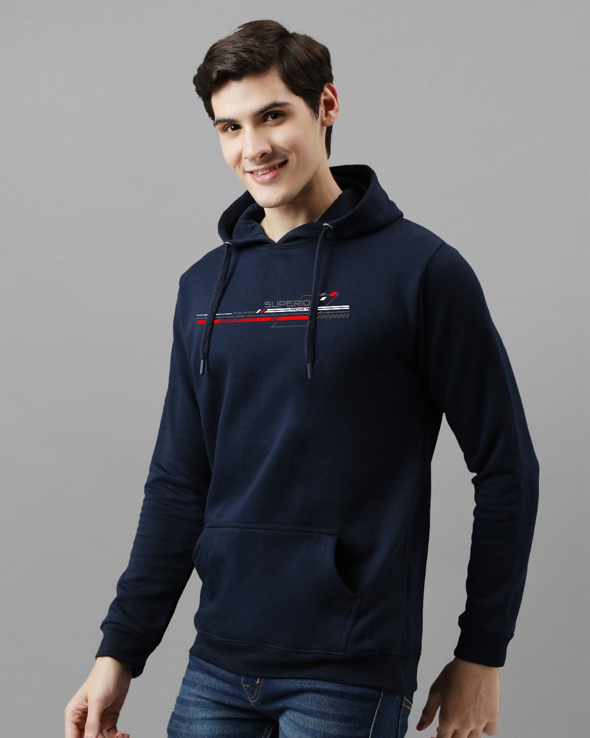Men Navy Blue Long Lasting Printed Hoodie