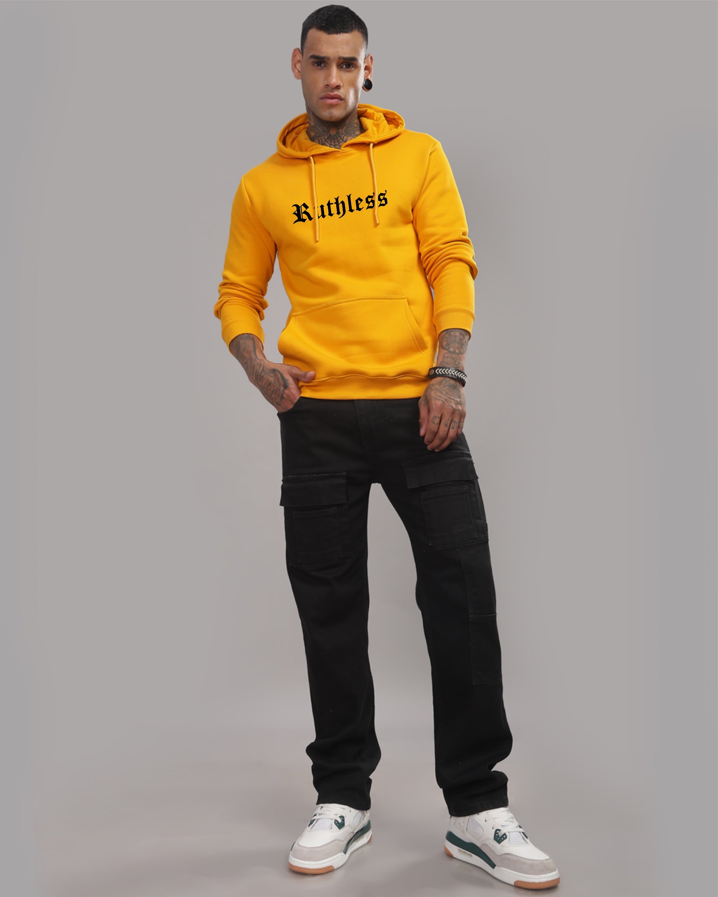Men Mustard Printed Hoodie